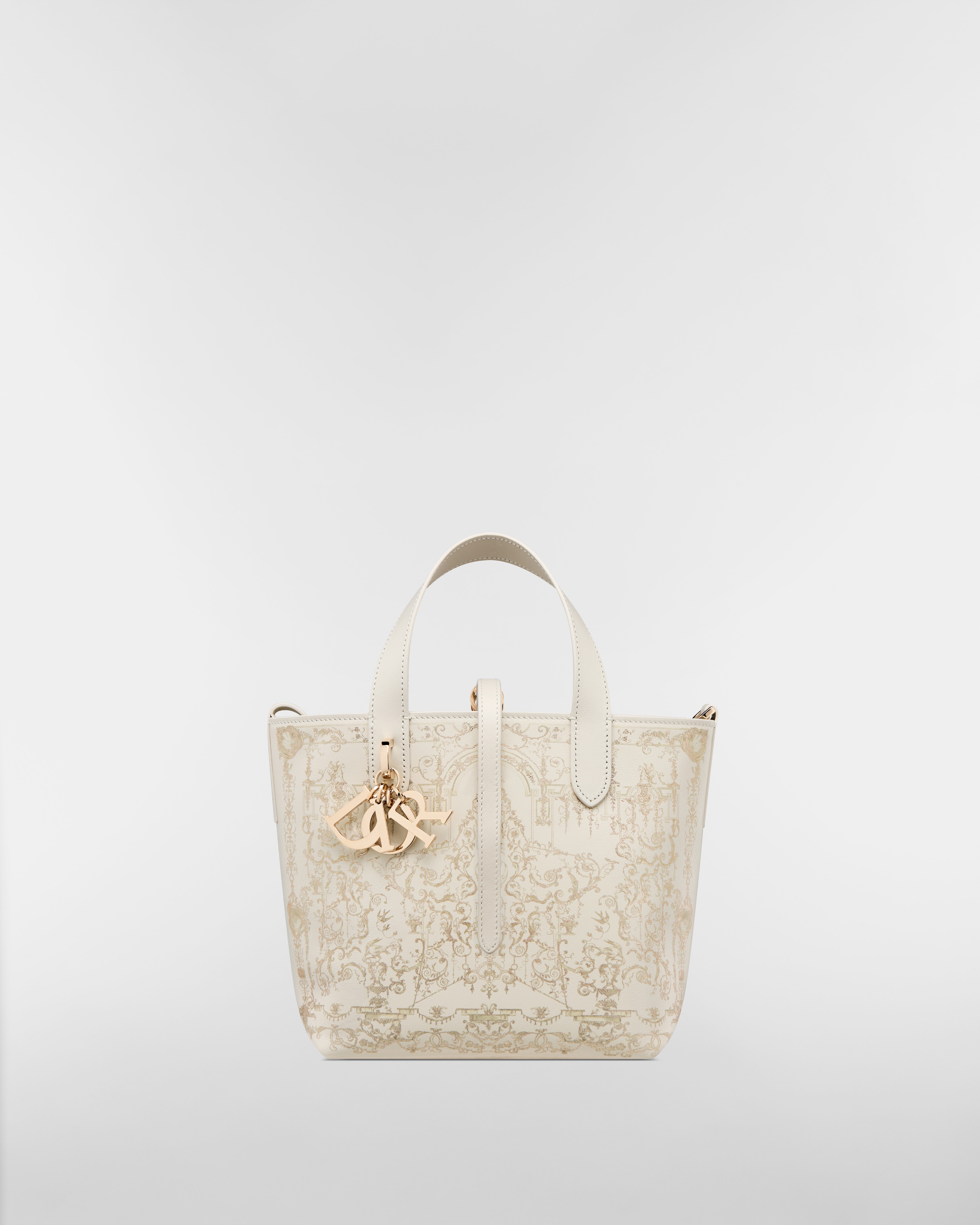 Bolsa tote vertical Dior Toujours pequena Couro de vitelo latte com estampa Dioresque Stella dourada E01