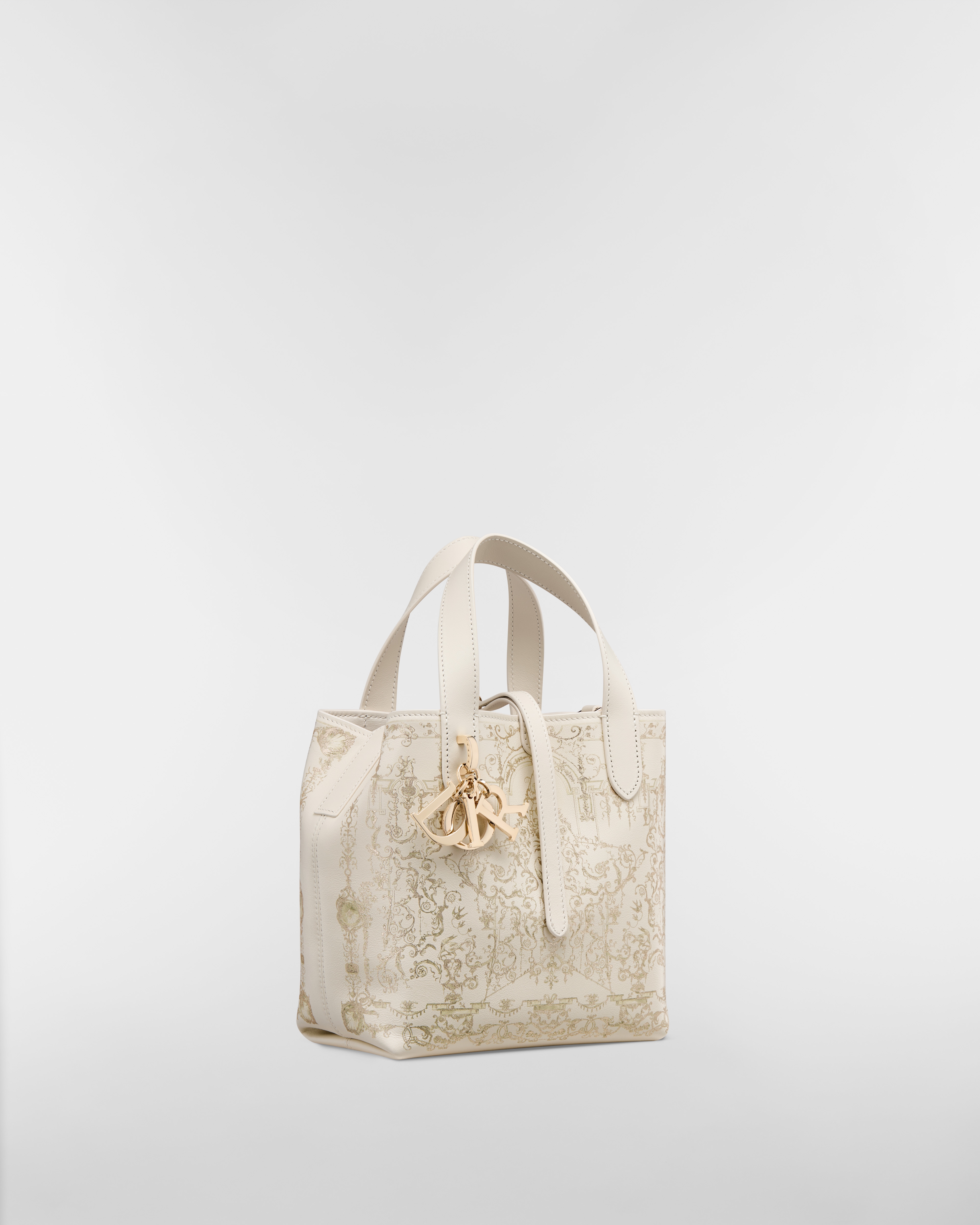 Bolsa tote vertical Dior Toujours pequena Couro de vitelo latte com estampa Dioresque Stella dourada E03