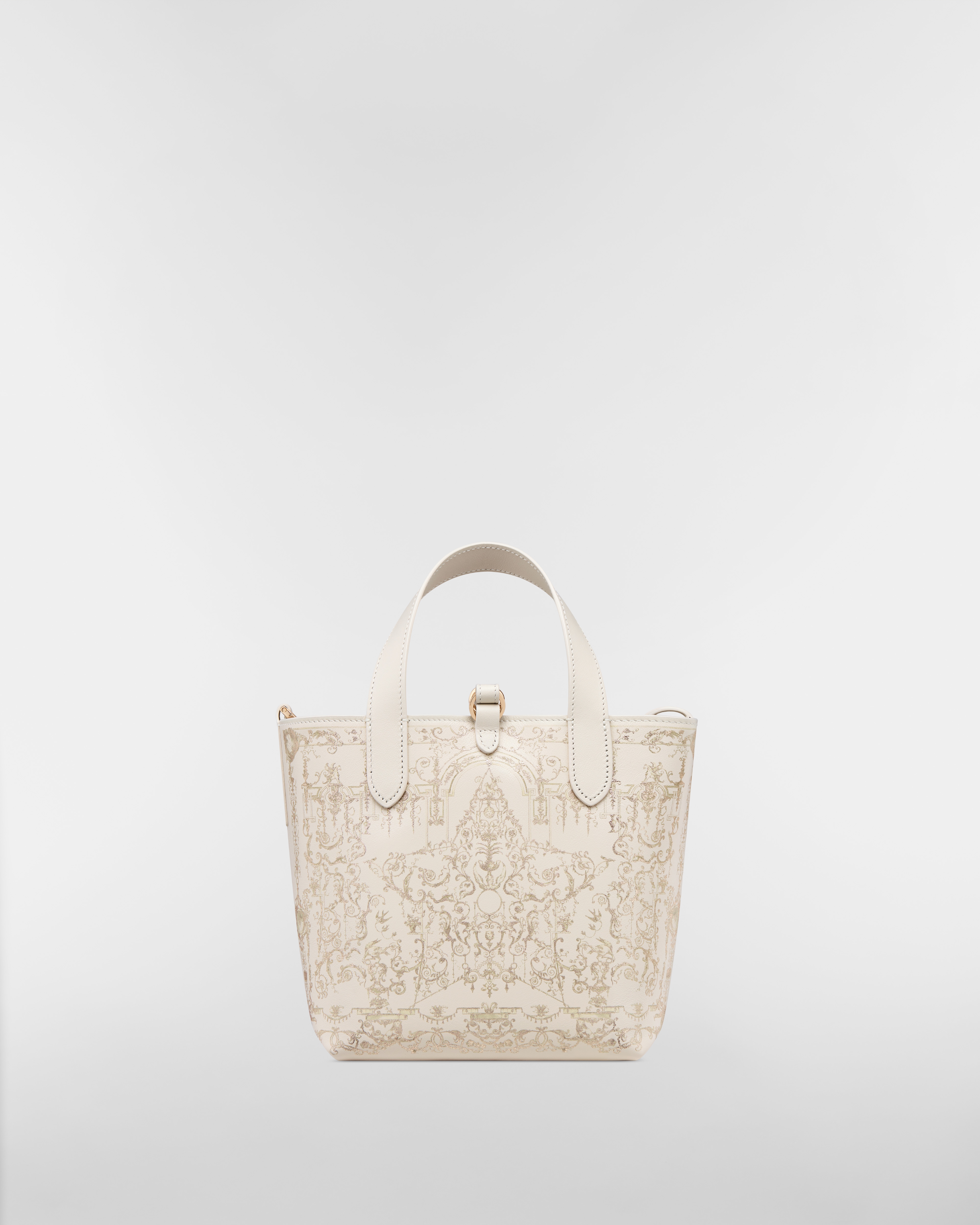 Small Dior Toujours Vertical Tote Bag Latte Calfskin with Gold-Tone Dioresque Stella Print E08