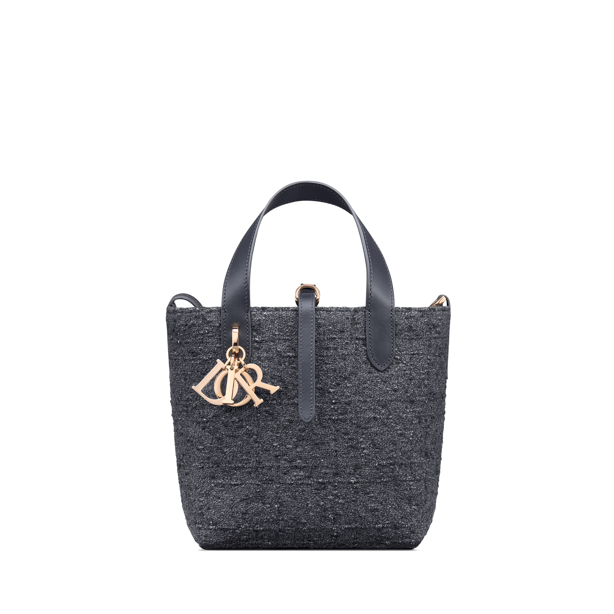 Small Dior Toujours Vertical Tote Bag Gray Tweed with Silver-Tone Metallic Thread Cannage Motif E01