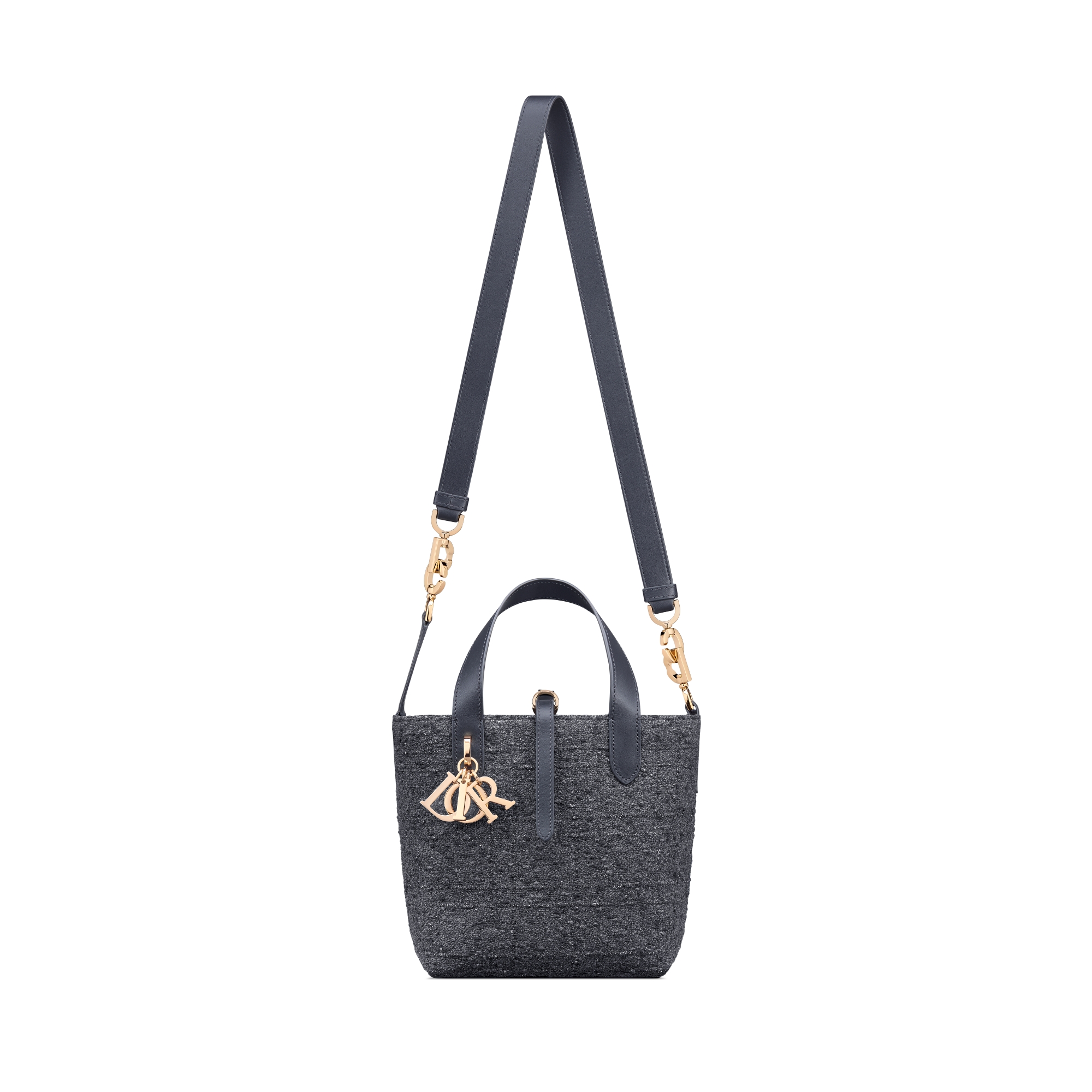 Small Dior Toujours Vertical Tote Bag Gray Tweed with Silver-Tone Metallic Thread Cannage Motif E07