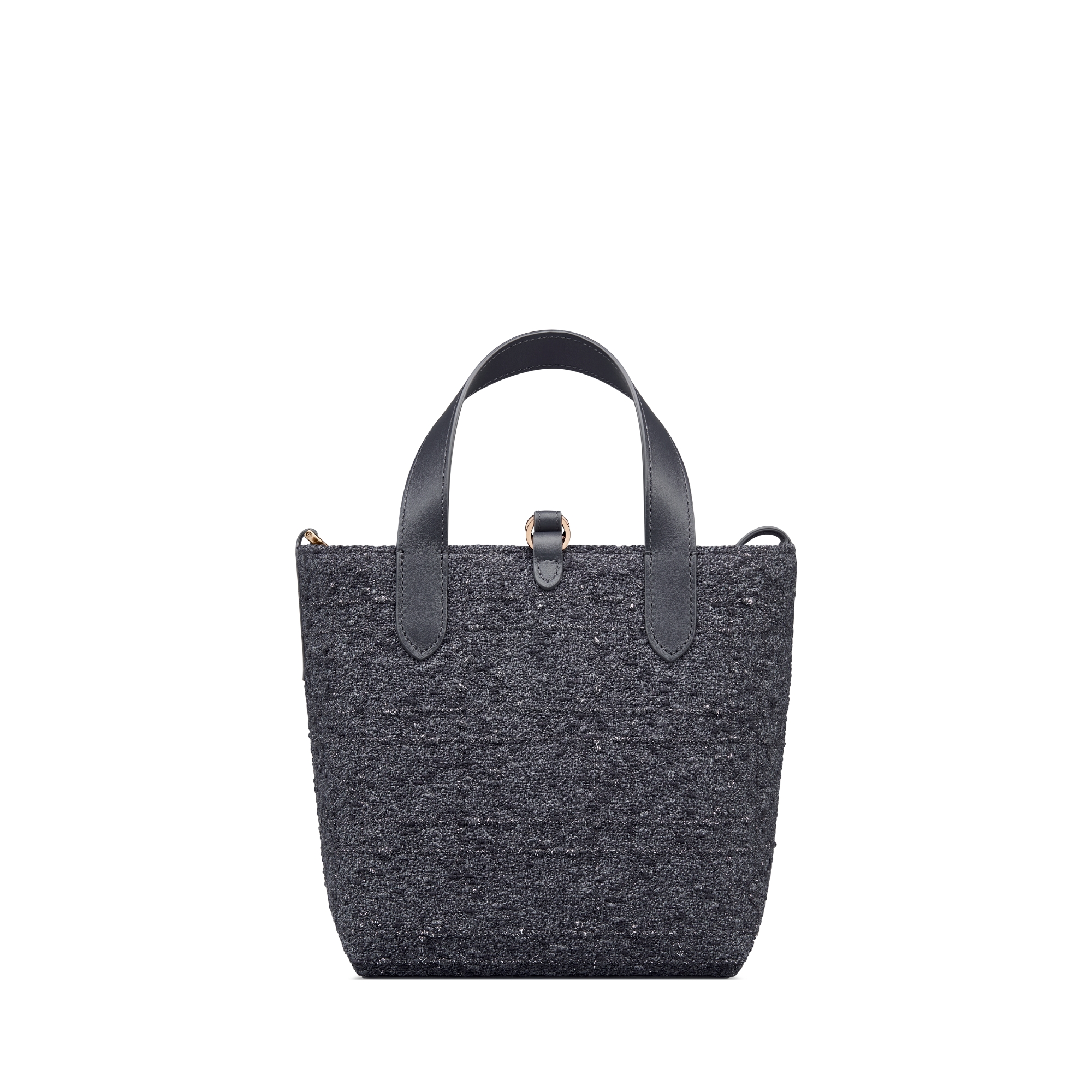 Small Dior Toujours Vertical Tote Bag Gray Tweed with Silver-Tone Metallic Thread Cannage Motif E08