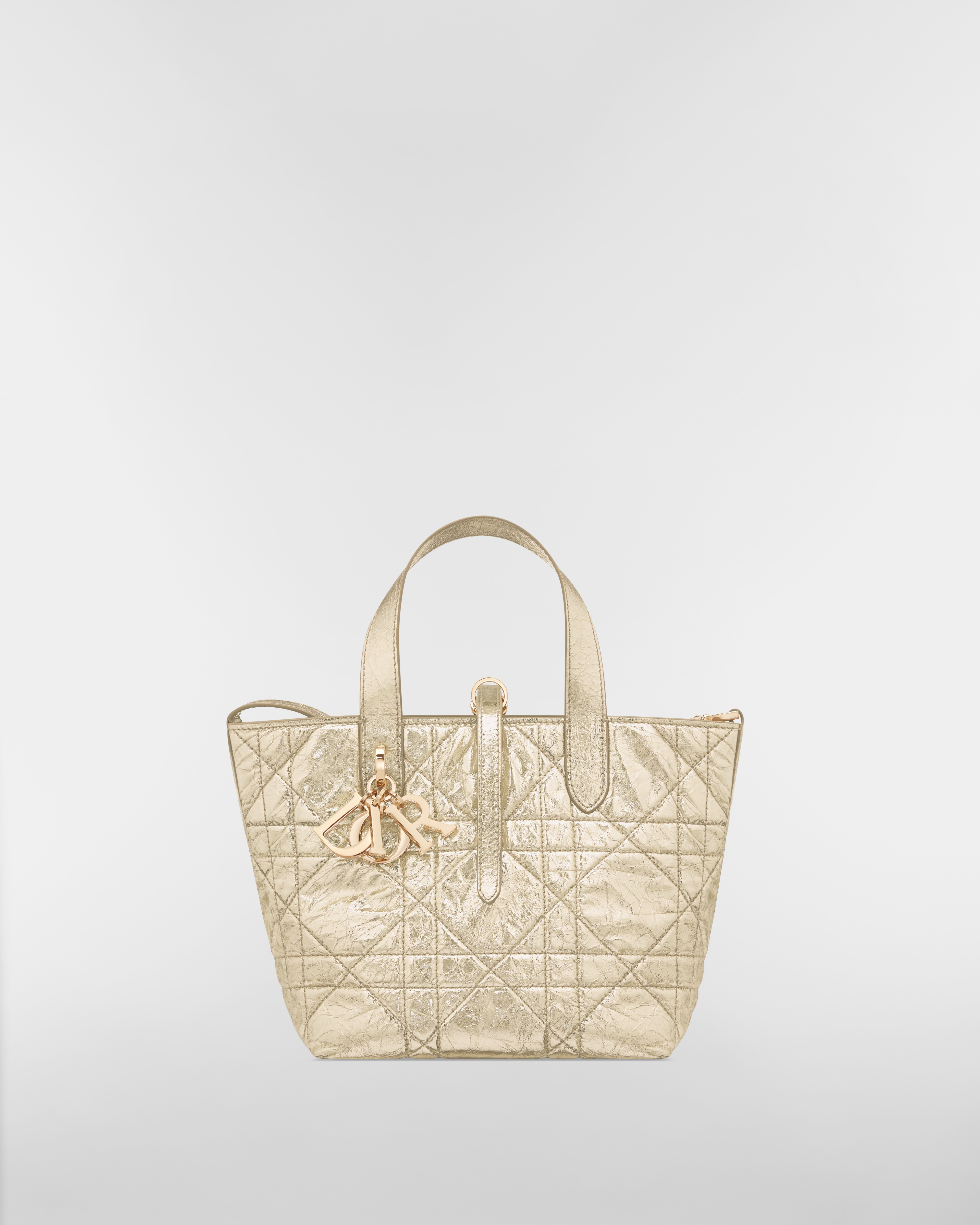 Bolsa tote vertical Dior Toujours pequena Couro de vitelo enrugado Semi Flat Macrocannage dourado metálico E01