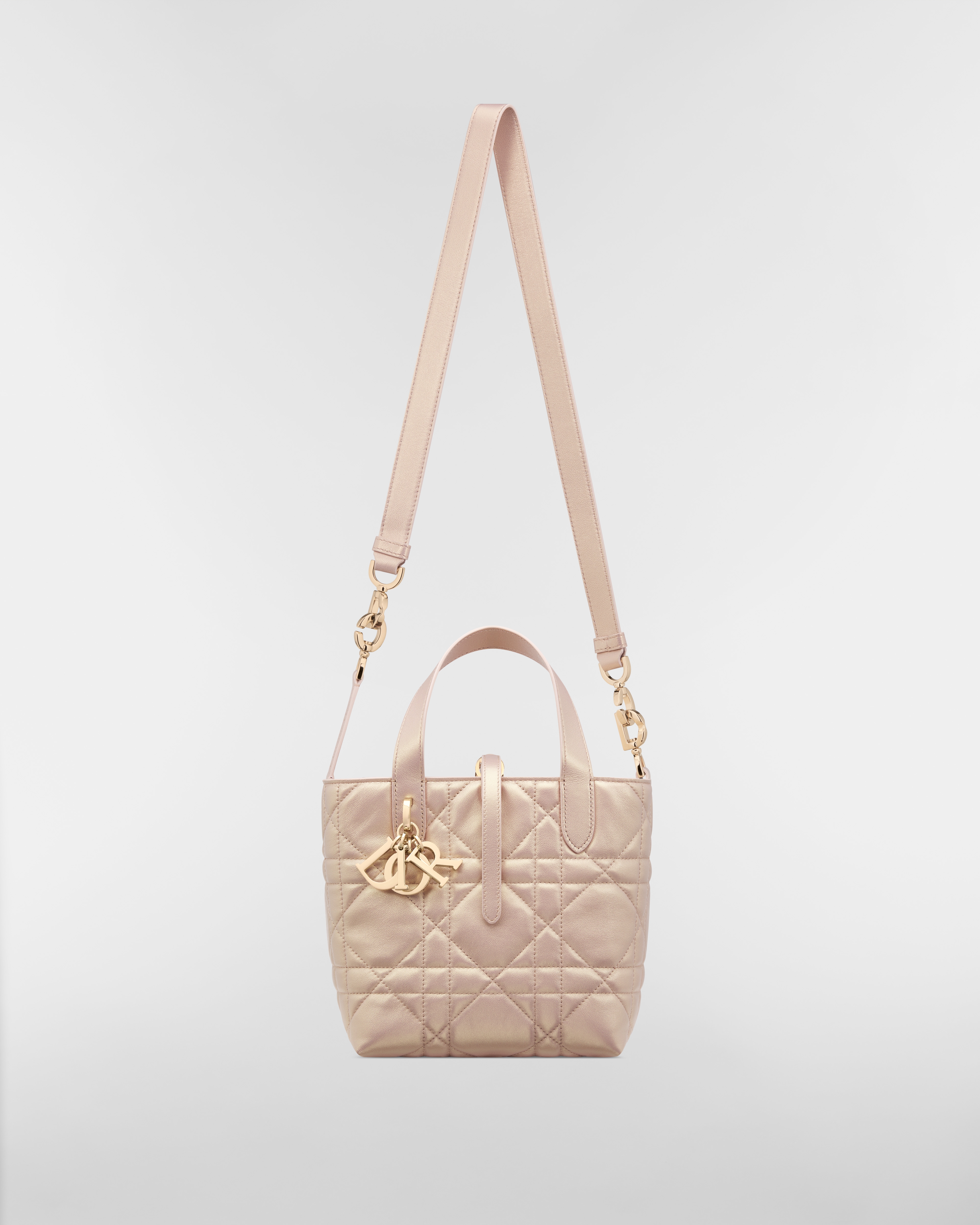 Small Dior Toujours Vertical Tote Bag Pearlescent Pink Macrocannage Lambskin E07