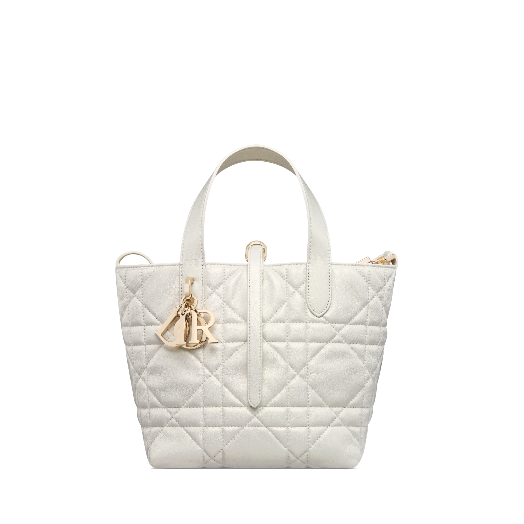 Small Dior Toujours Vertical Tote Bag Pearlescent White Macrocannage Lambskin E01