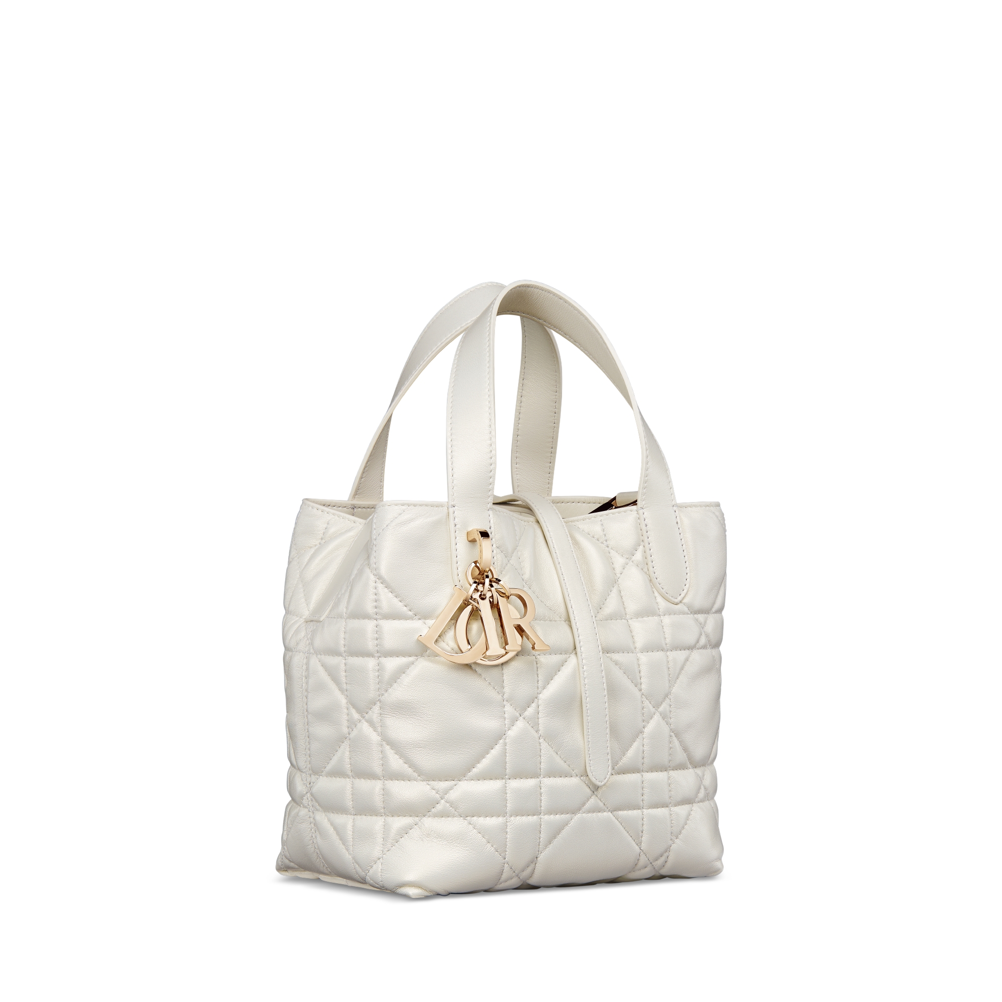 Small Dior Toujours Vertical Tote Bag Pearlescent White Macrocannage Lambskin E03