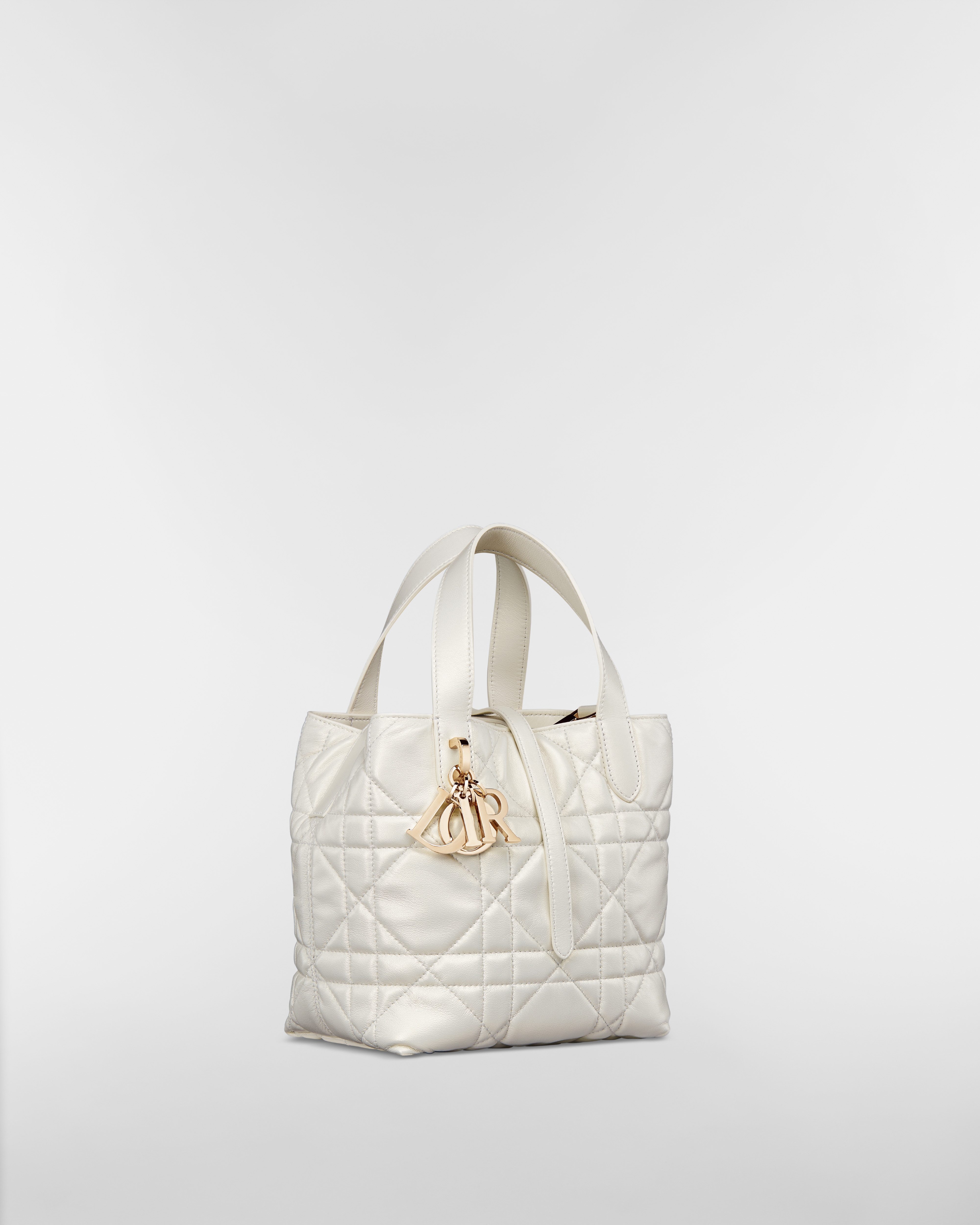 Small Dior Toujours Vertical Tote Bag Pearlescent White Macrocannage Lambskin E03