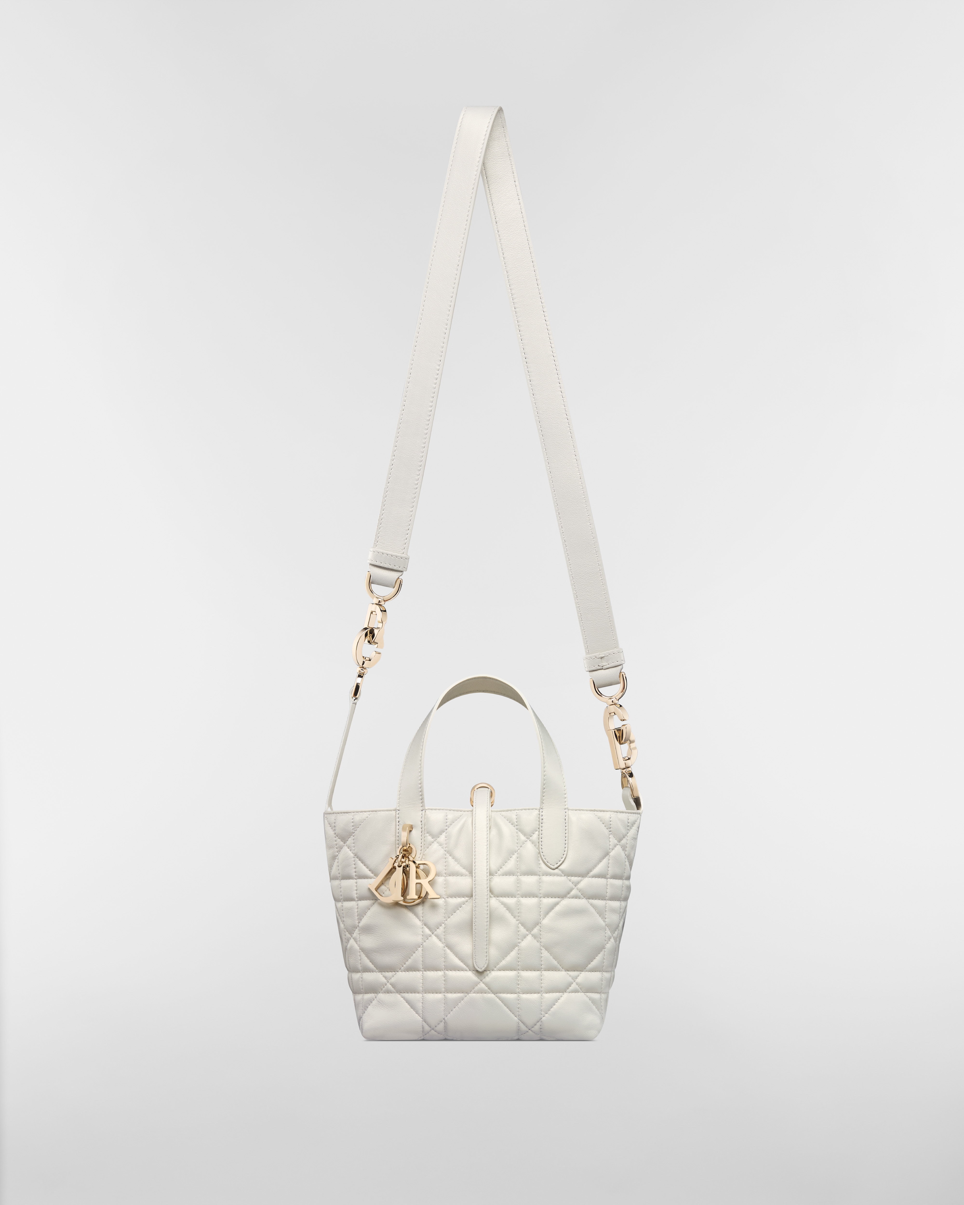 Small Dior Toujours Vertical Tote Bag Pearlescent White Macrocannage Lambskin E07
