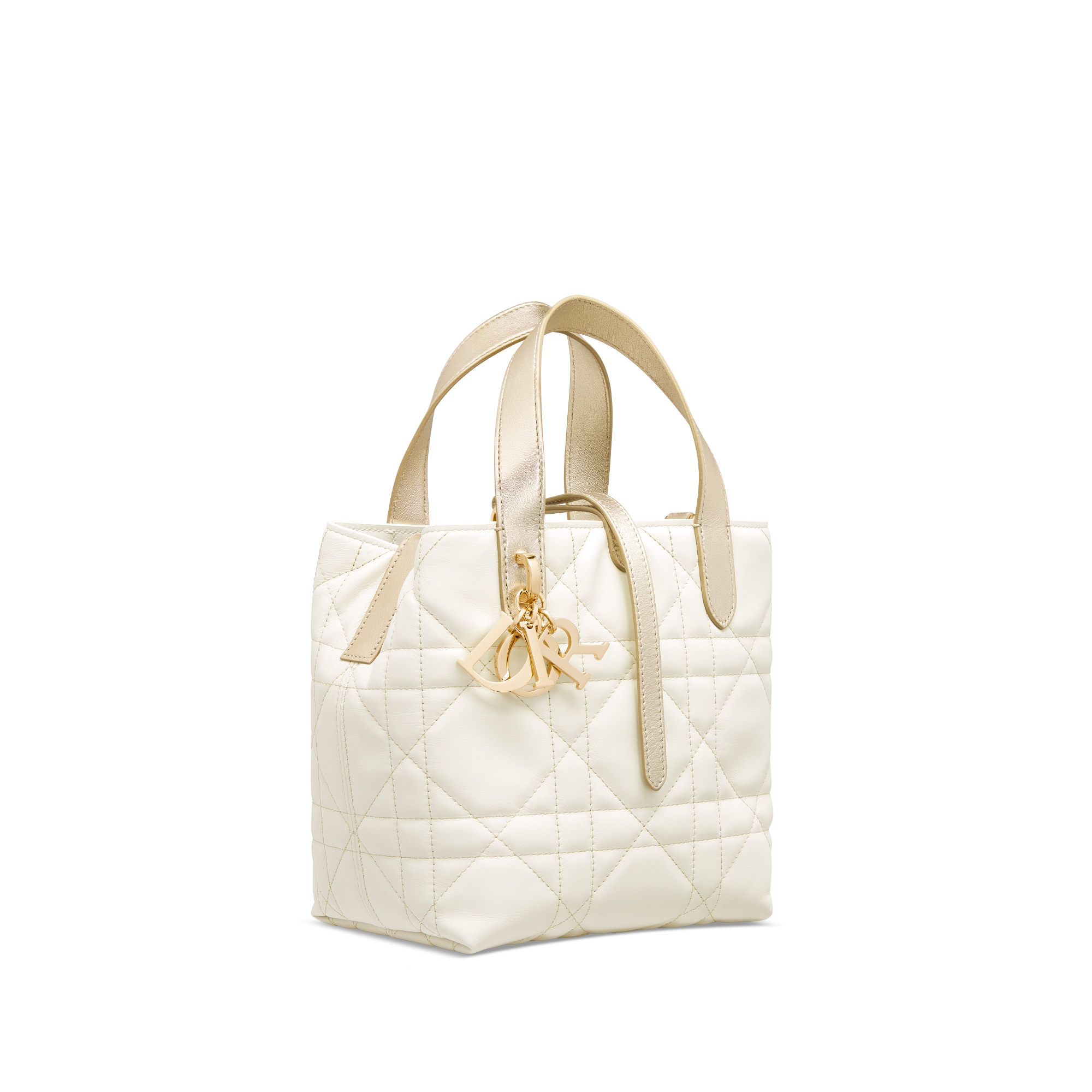 Small Dior Toujours Vertical Tote Bag Two-Tone Gold and White Macrocannage Calfskin with Metallic Thread E03