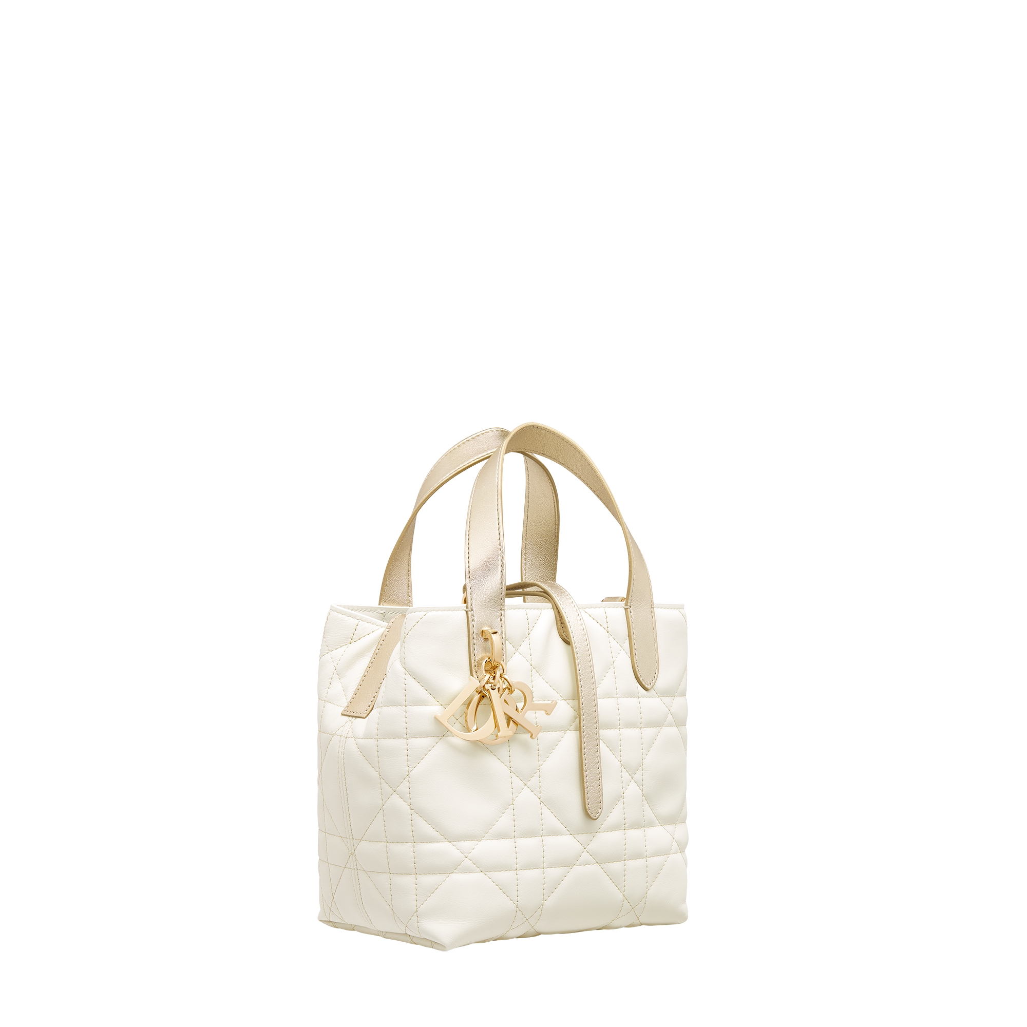 Small Dior Toujours Vertical Tote Bag Two-Tone Gold and White Macrocannage Calfskin with Metallic Thread E03