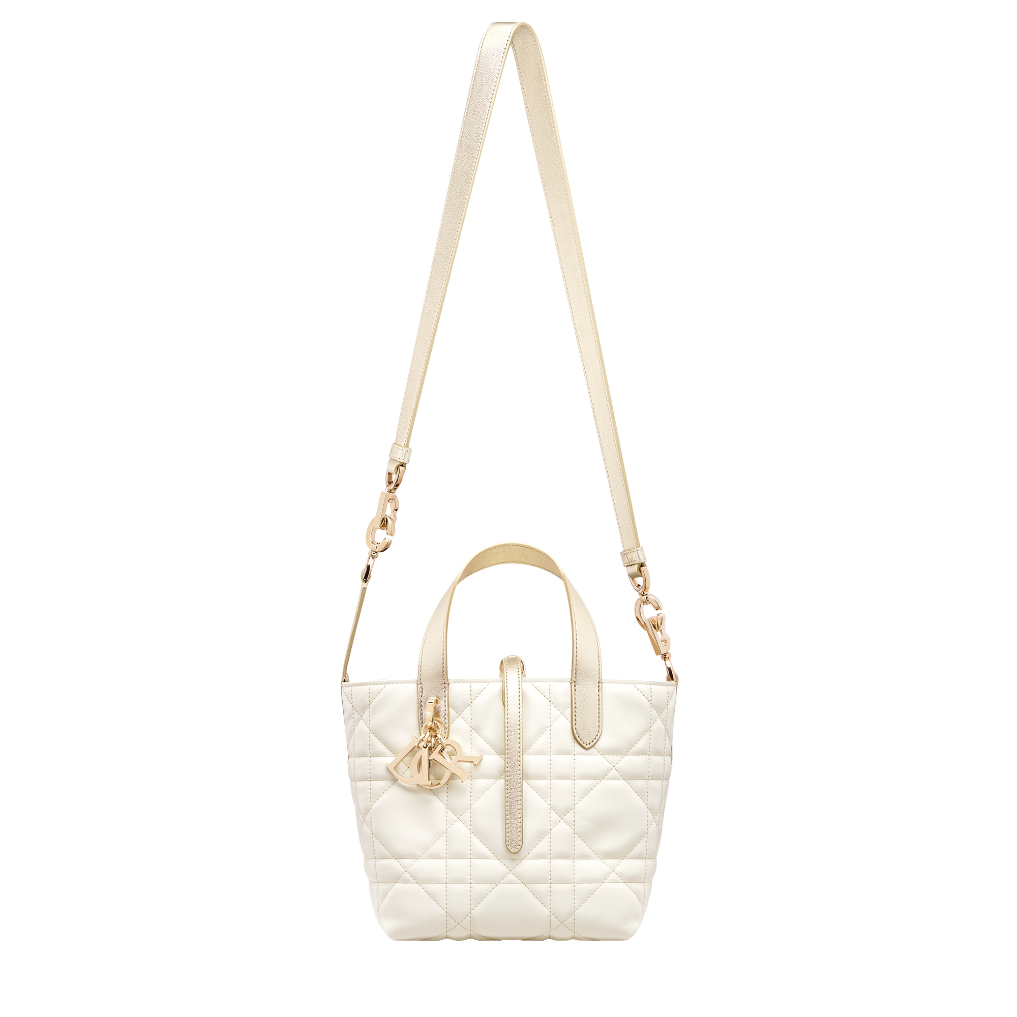 Small Dior Toujours Vertical Tote Bag Two-Tone Gold and White Macrocannage Calfskin with Metallic Thread E07