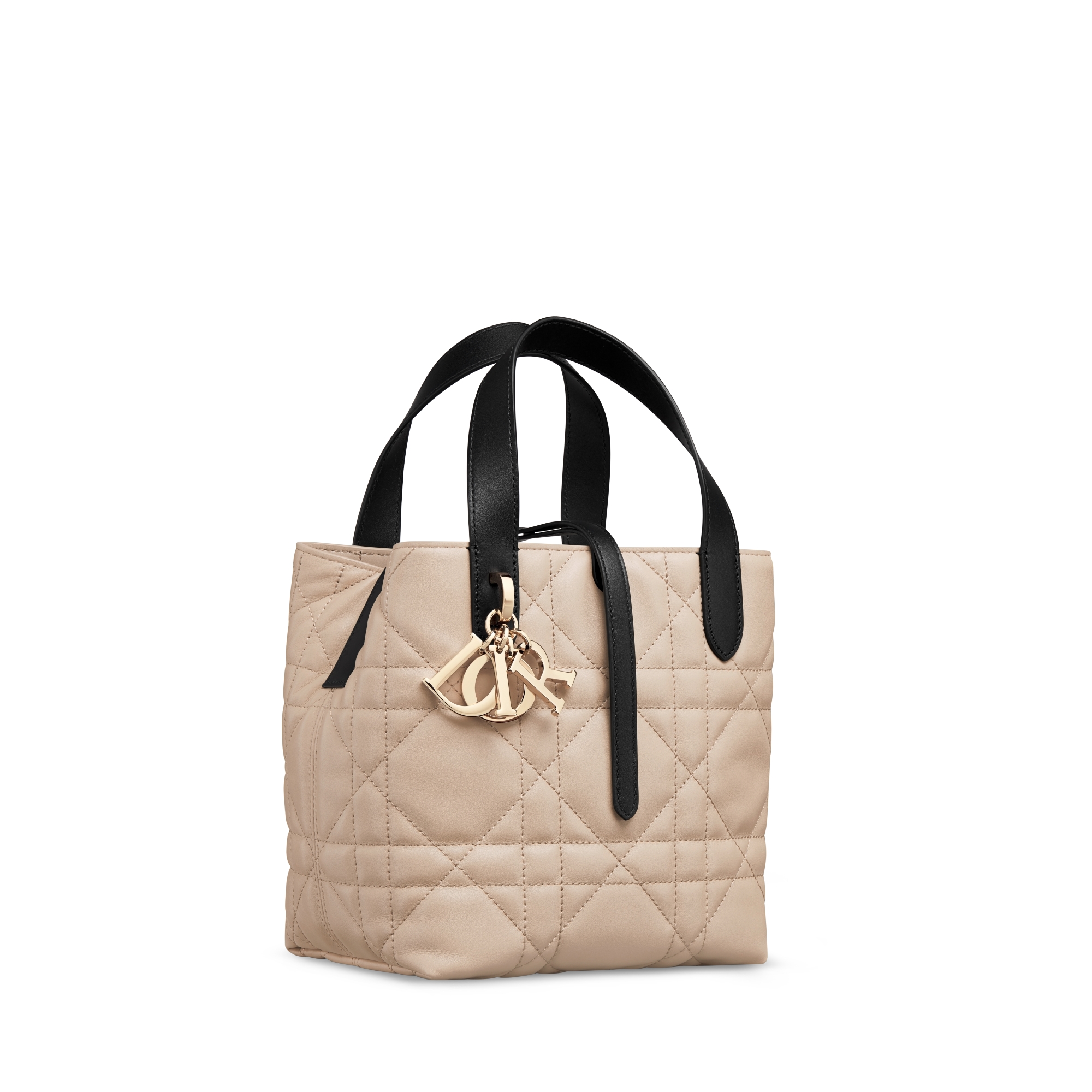 Small Dior Toujours Vertical Tote Bag Black and Rope Beige Macrocannage Calfskin E03