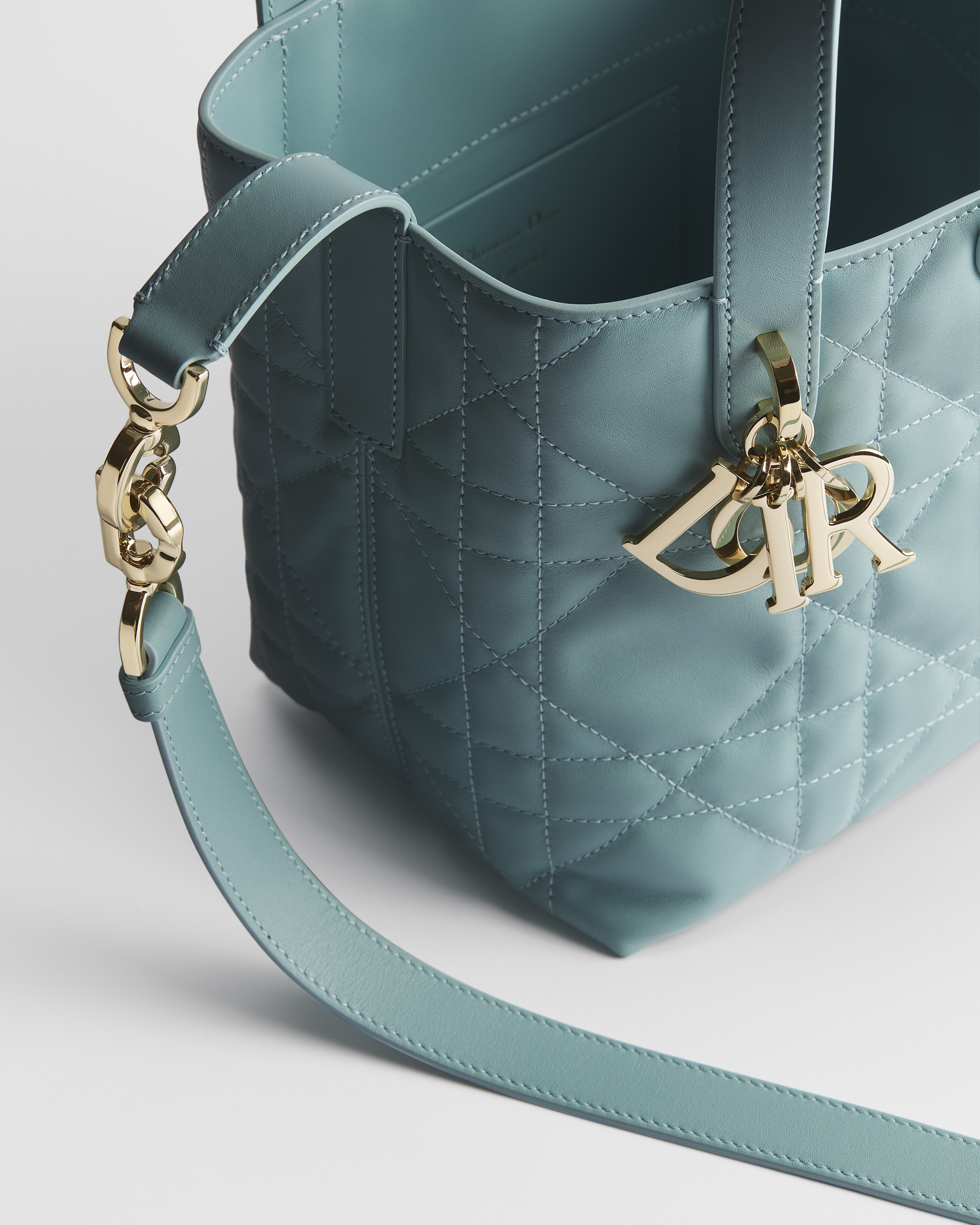 Small Dior Toujours Vertical Tote Bag Bleu Tourmaline Macrocannage Calfskin E06