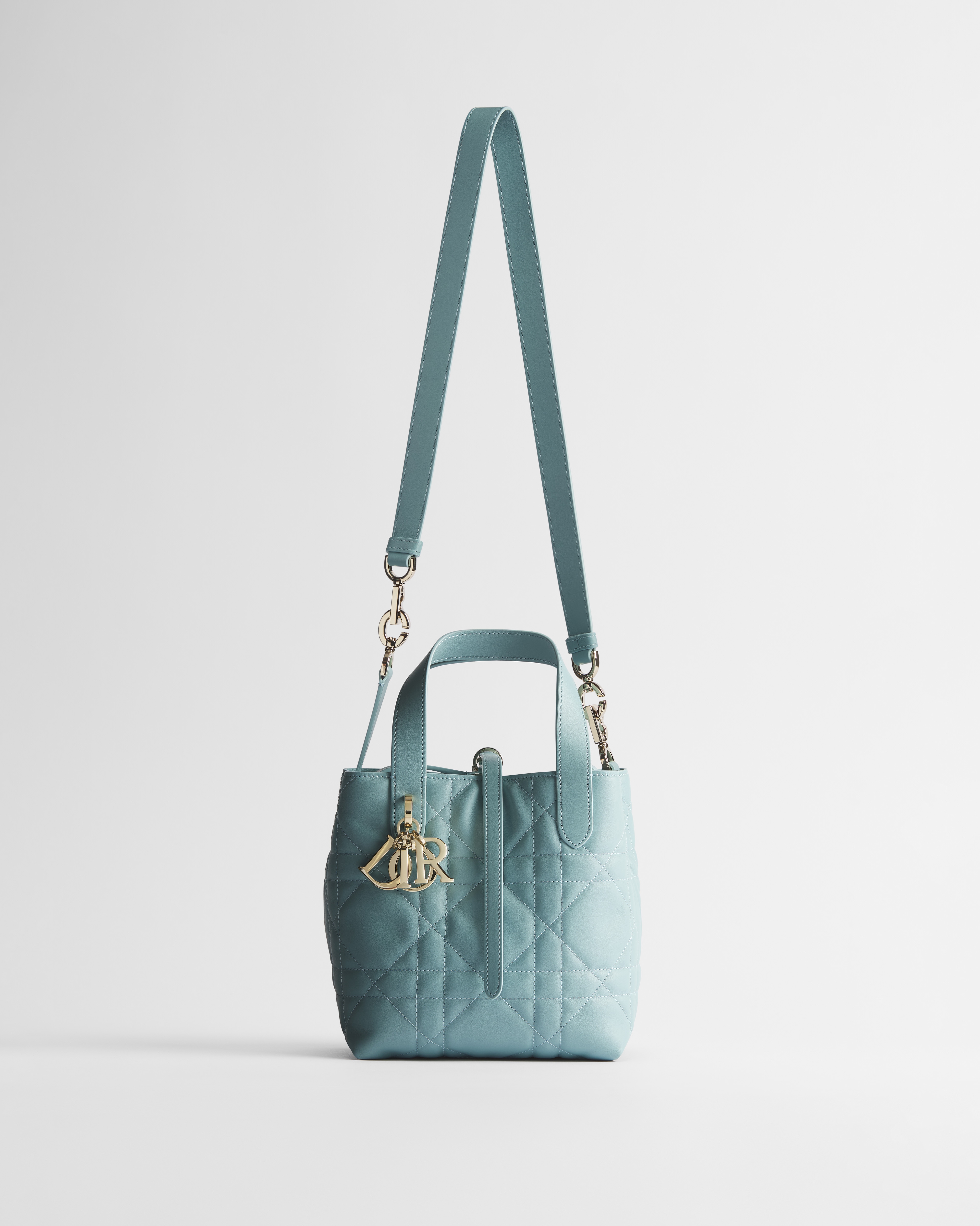 Small Dior Toujours Vertical Tote Bag Bleu Tourmaline Macrocannage Calfskin E07