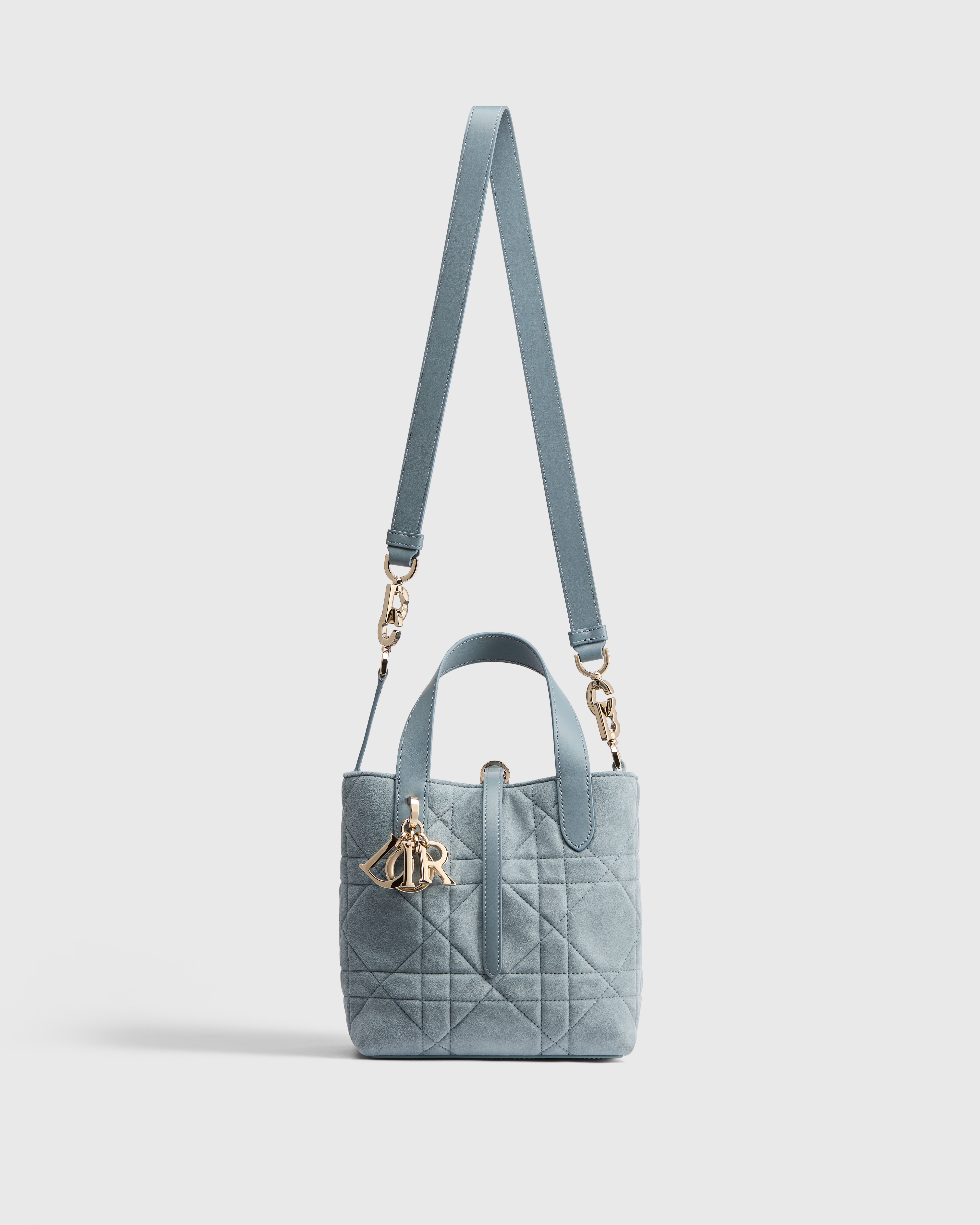 Small Dior Toujours Vertical Tote Bag Bleu Ciel Macrocannage Suede Goatskin E07