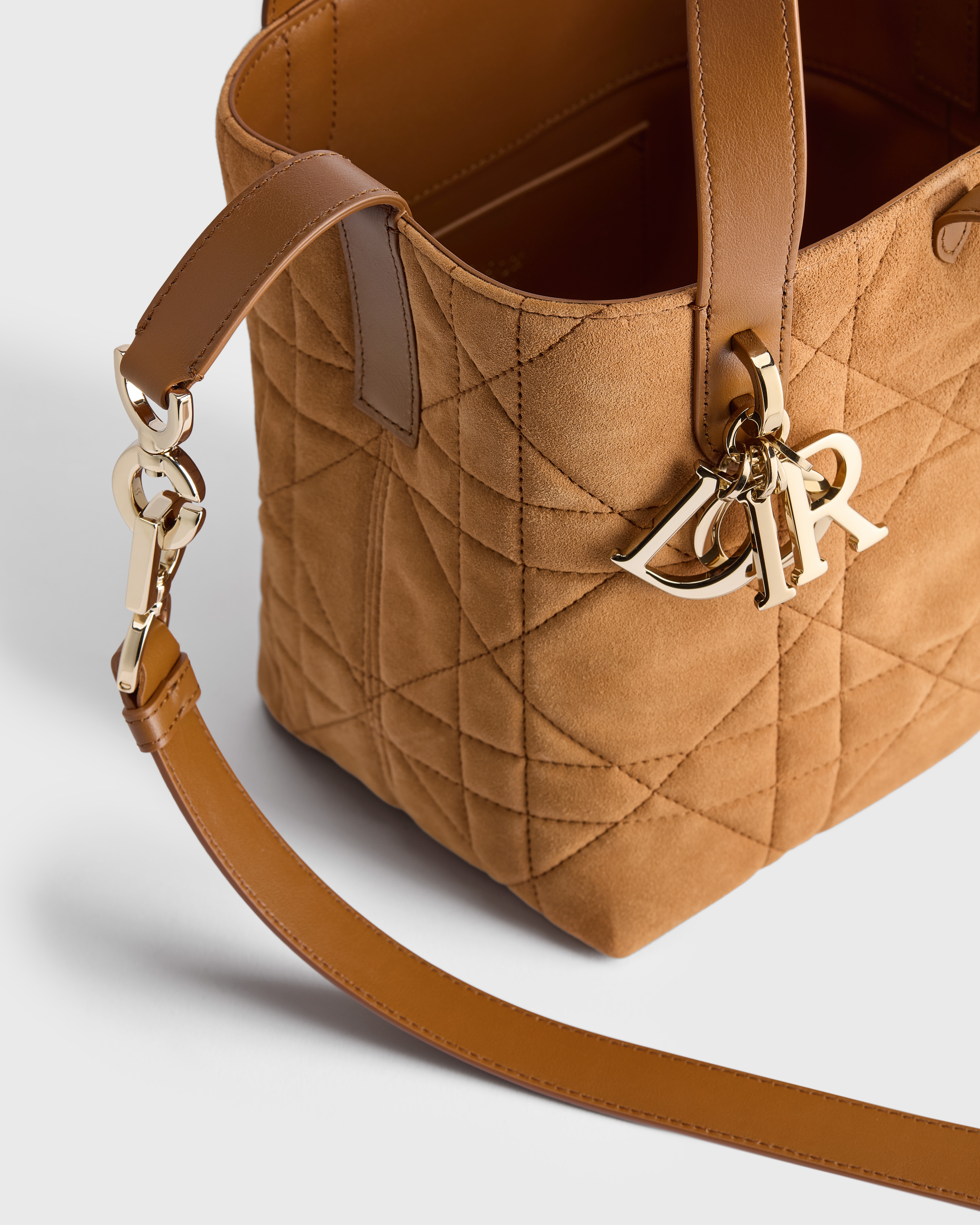 Borsa tote verticale piccola Dior Toujours Pelle di capra scamosciata Macrocannage oro saddle E06