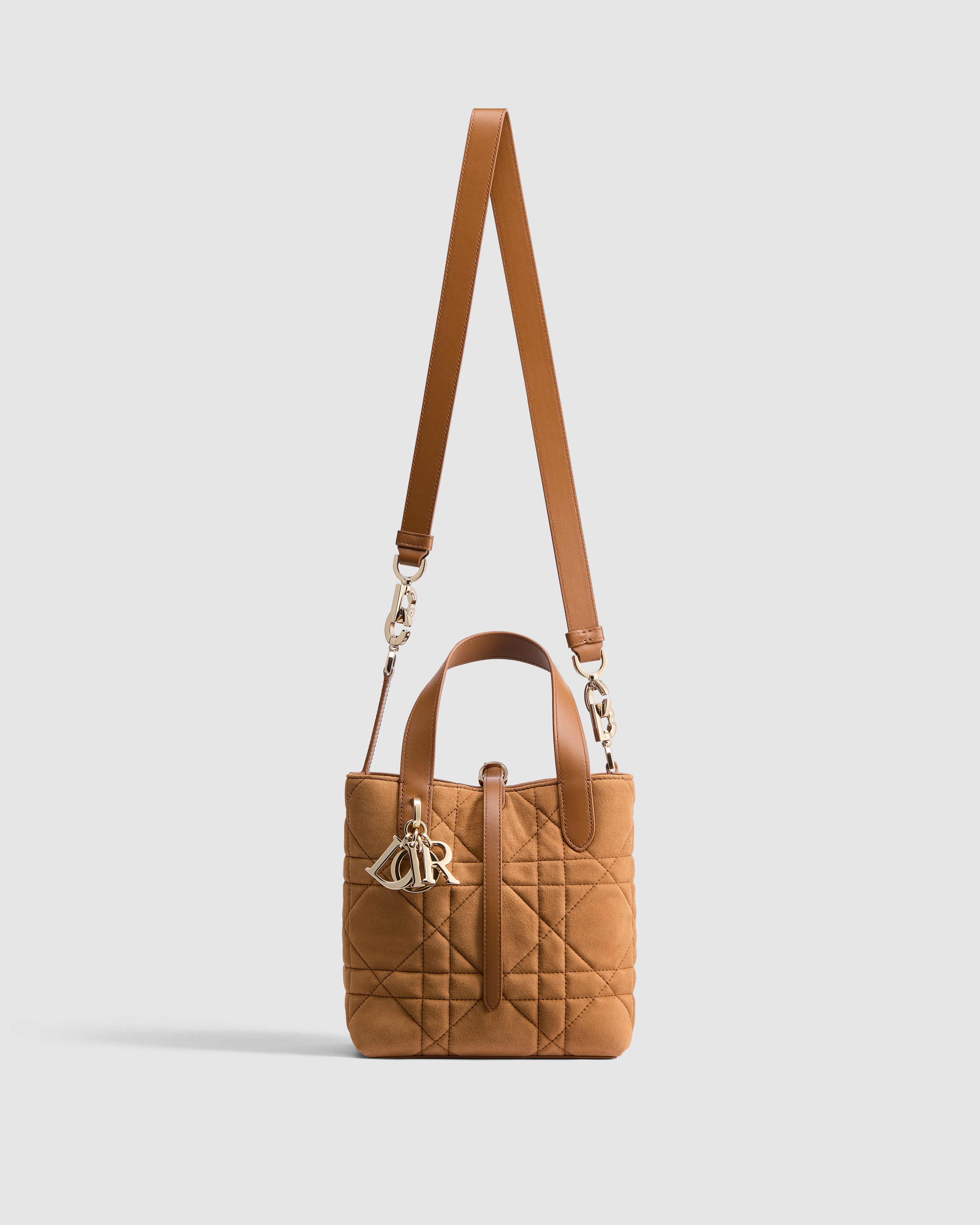 Borsa tote verticale piccola Dior Toujours Pelle di capra scamosciata Macrocannage oro saddle E07