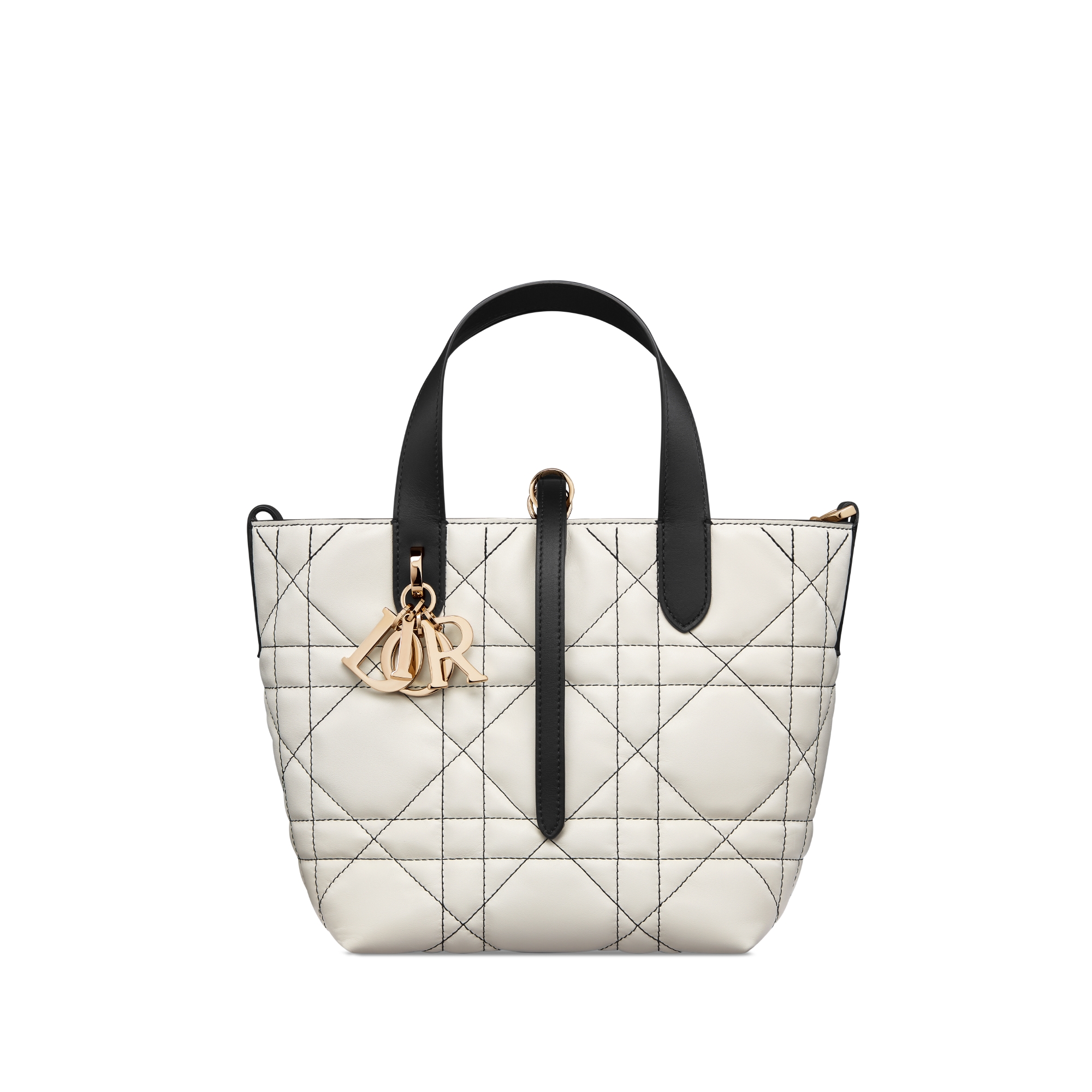 Small Dior Toujours Vertical Tote Bag White Macrocannage Calfskin with Contrasting Black Topstitching E01