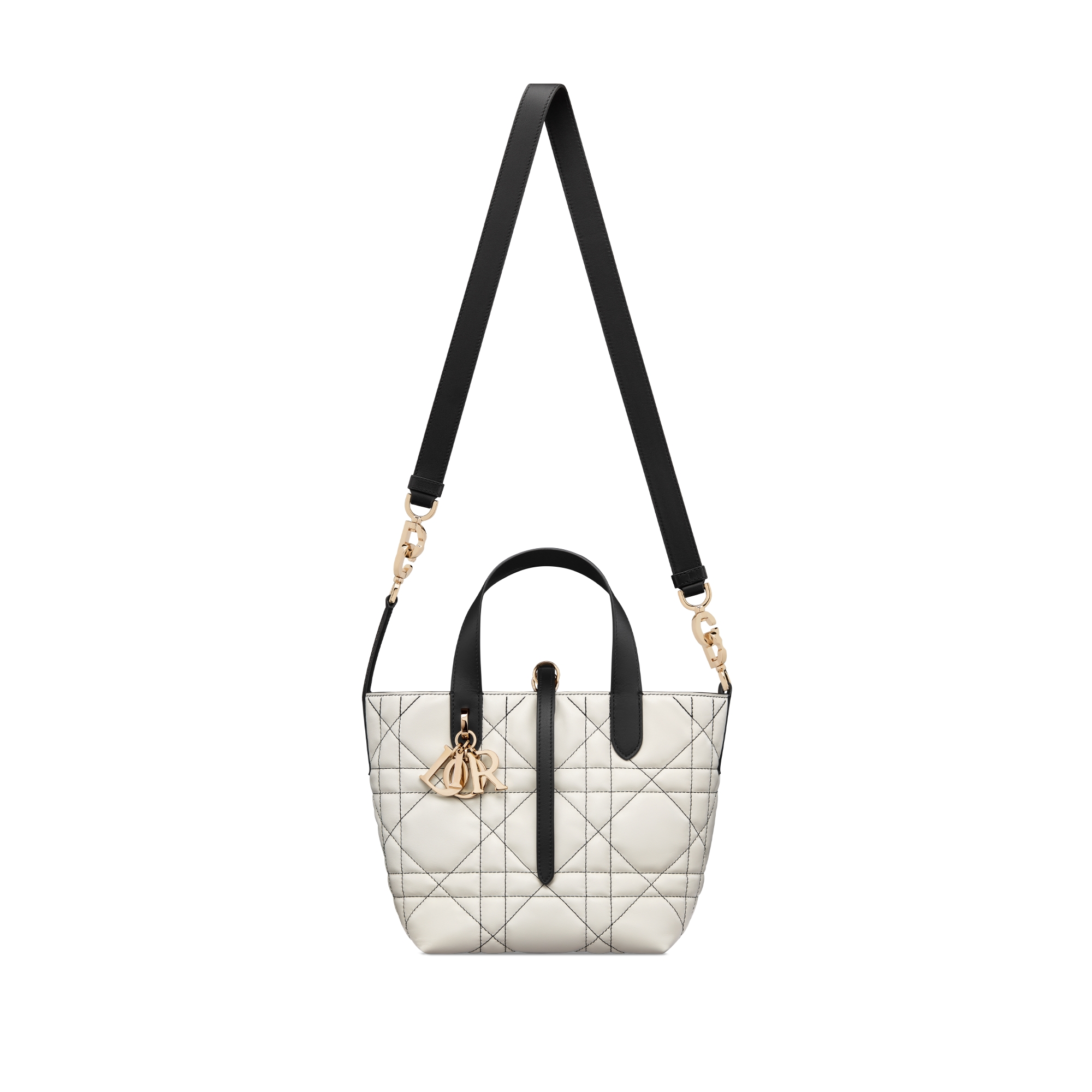 Small Dior Toujours Vertical Tote Bag White Macrocannage Calfskin with Contrasting Black Topstitching E07