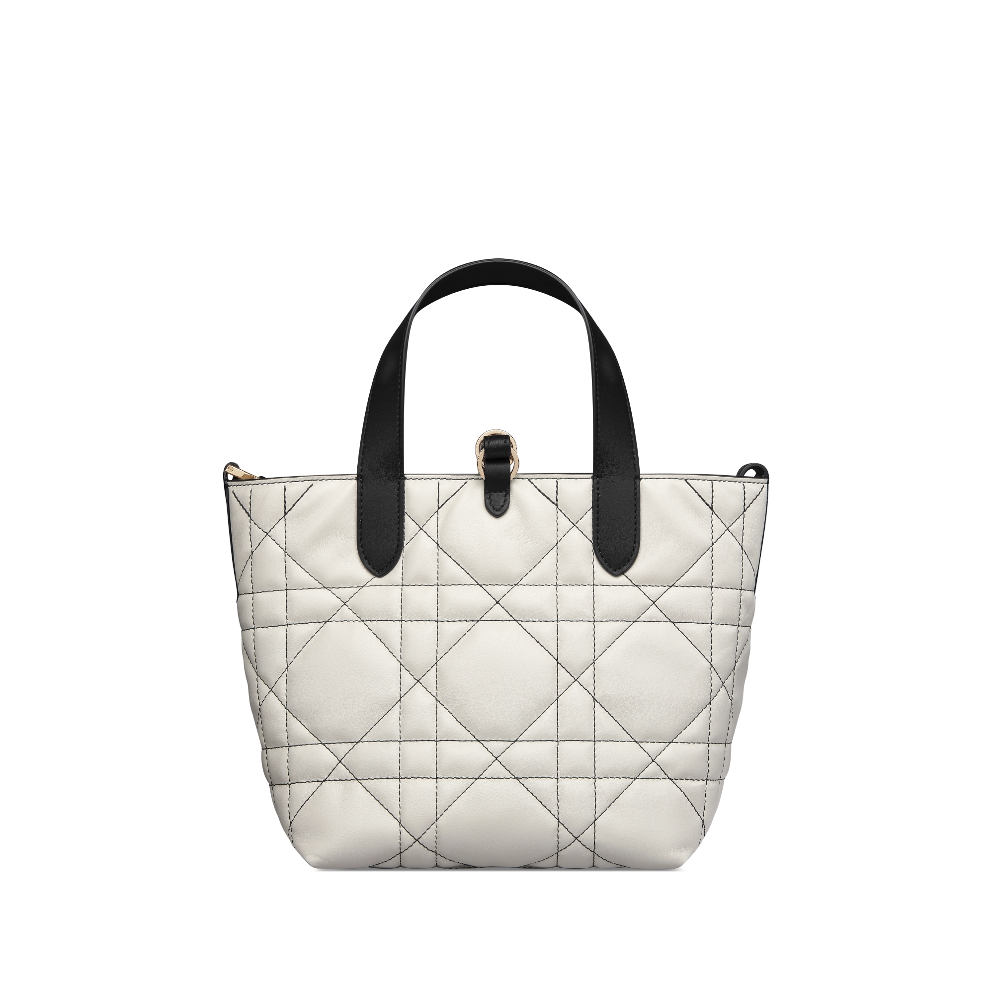 Small Dior Toujours Vertical Tote Bag White Macrocannage Calfskin with Contrasting Black Topstitching E08