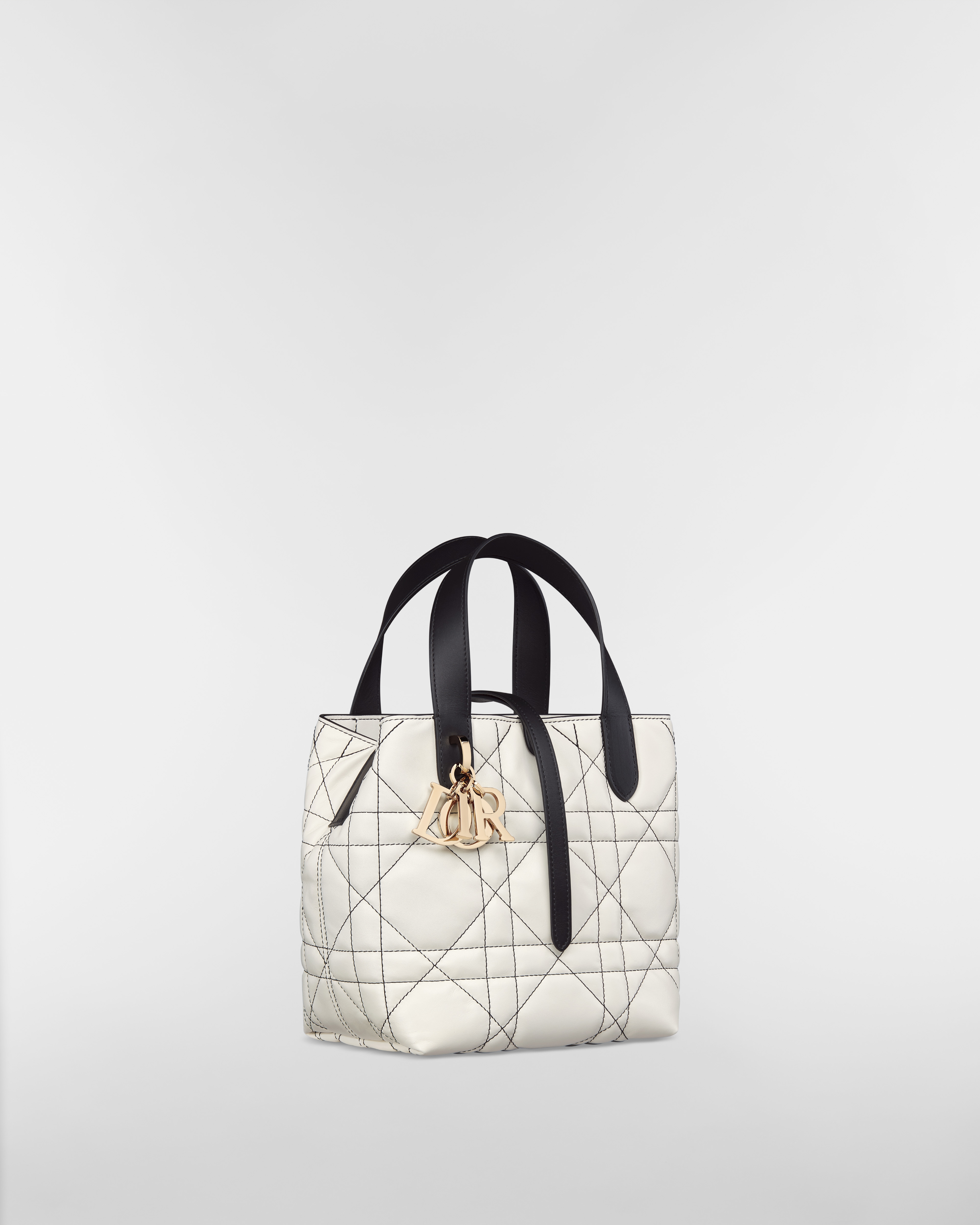 Small Dior Toujours Vertical Tote Bag White Macrocannage Calfskin with Contrasting Black Topstitching E03