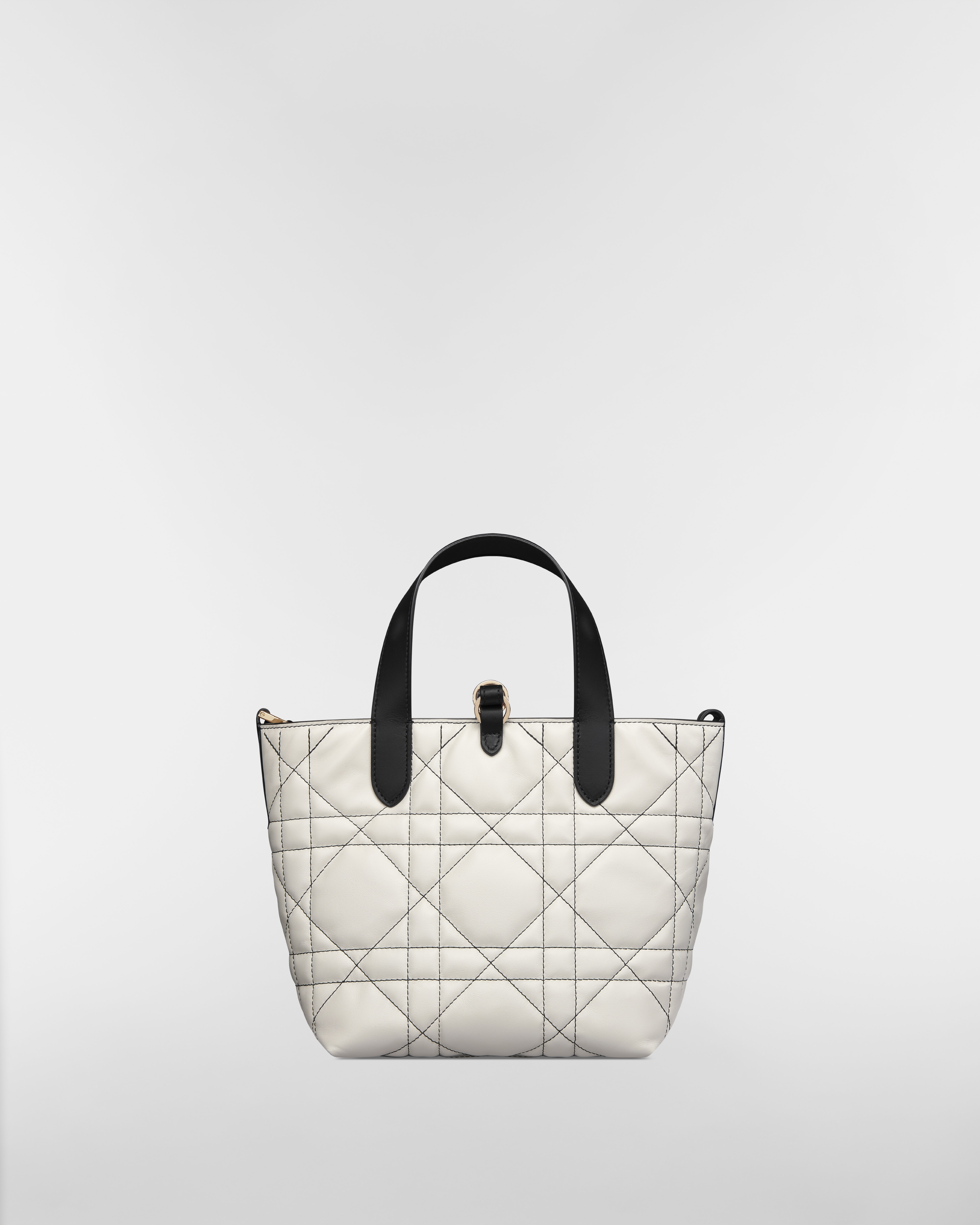 Small Dior Toujours Vertical Tote Bag White Macrocannage Calfskin with Contrasting Black Topstitching E08