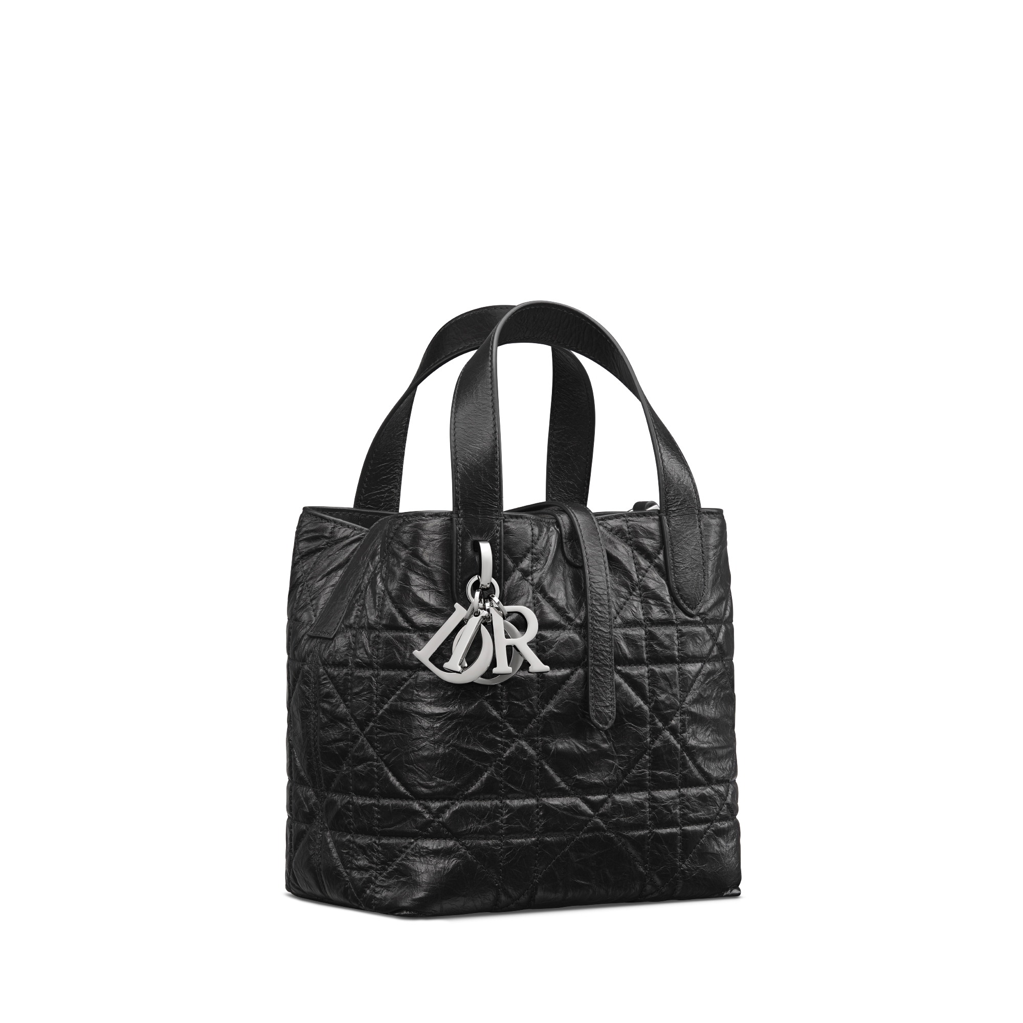 Small Dior Toujours Vertical Tote Bag Black Macrocannage Crinkled Calfskin E03
