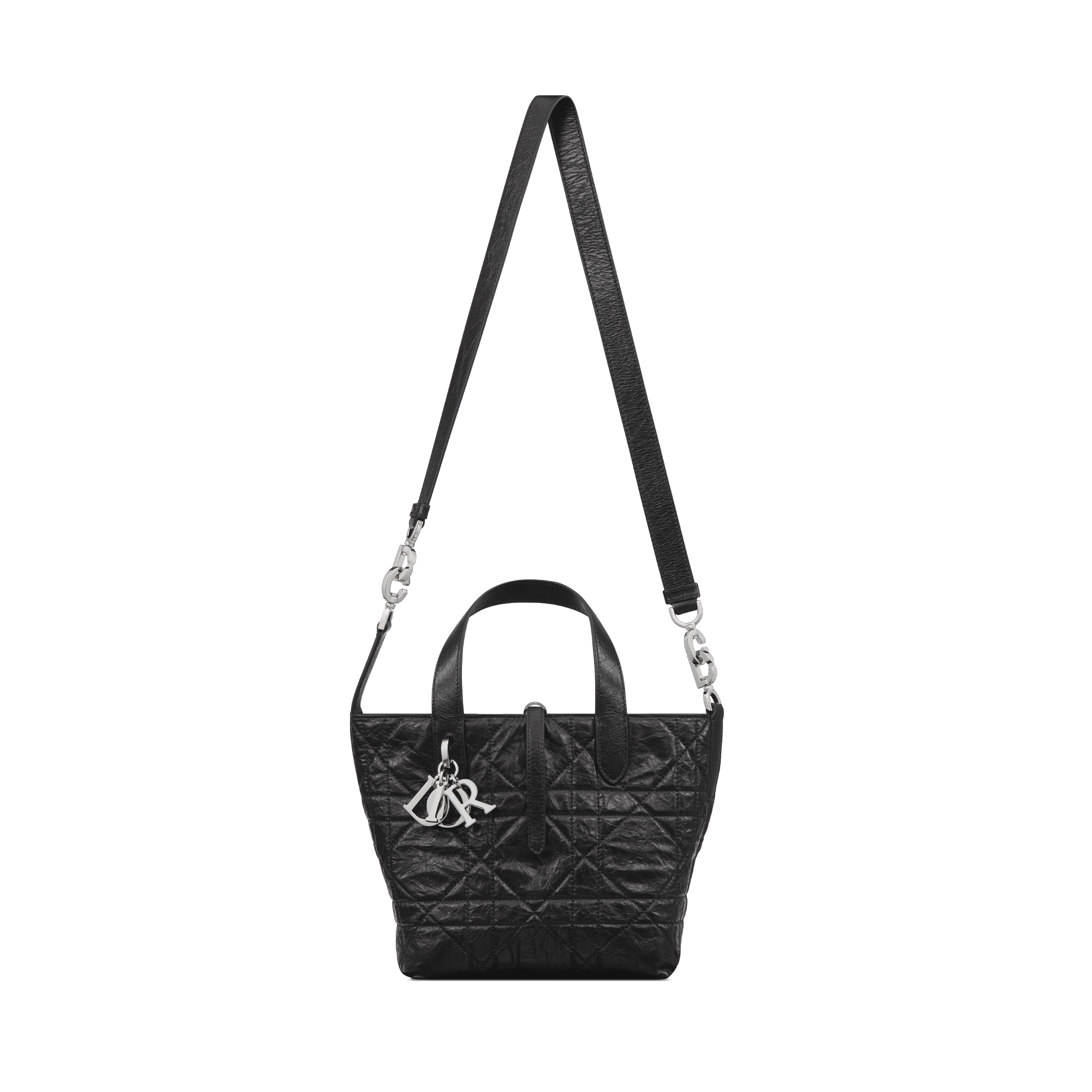 Small Dior Toujours Vertical Tote Bag Black Macrocannage Crinkled Calfskin E07