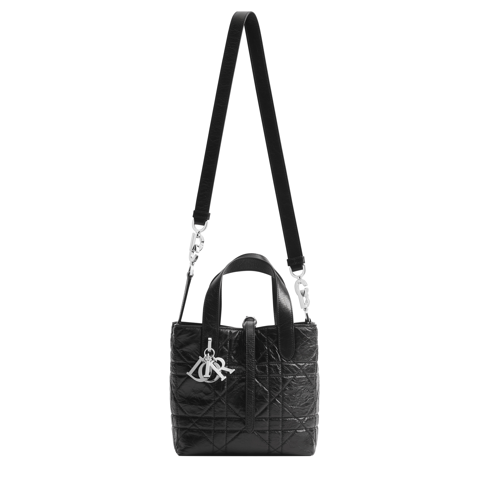 Small Dior Toujours Vertical Tote Bag Black Macrocannage Crinkled Calfskin E07