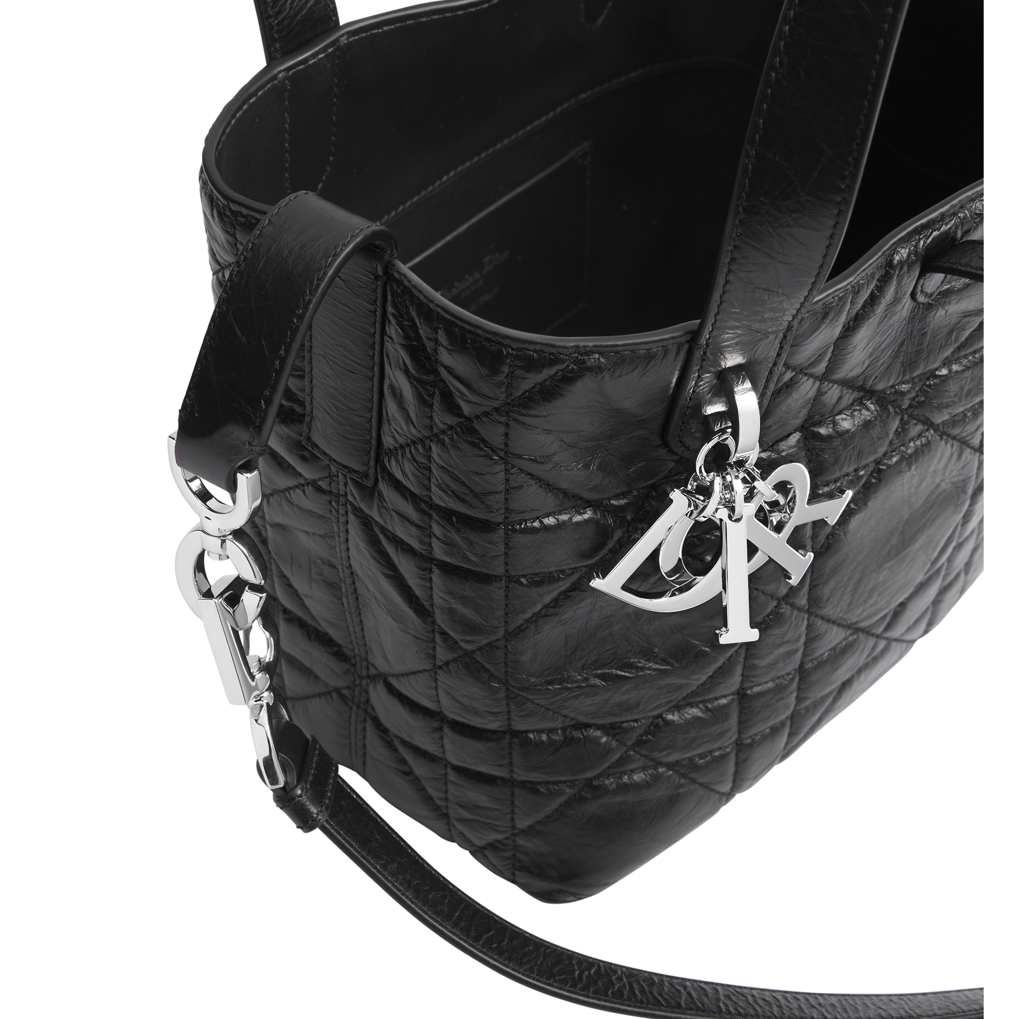 Small Dior Toujours Vertical Tote Bag Black Macrocannage Crinkled Calfskin E10