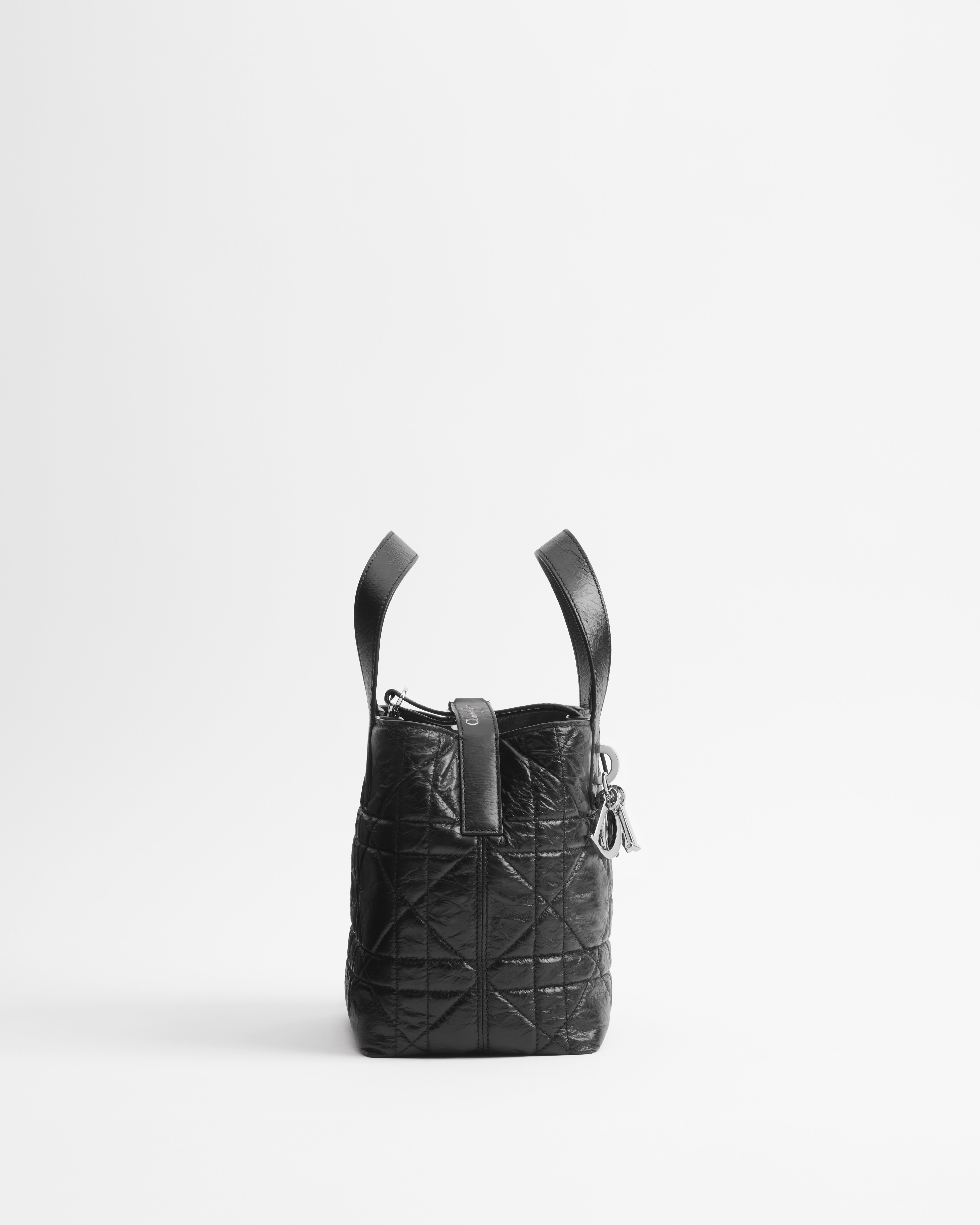 Small Dior Toujours Vertical Tote Bag Black Macrocannage Crinkled Calfskin E02