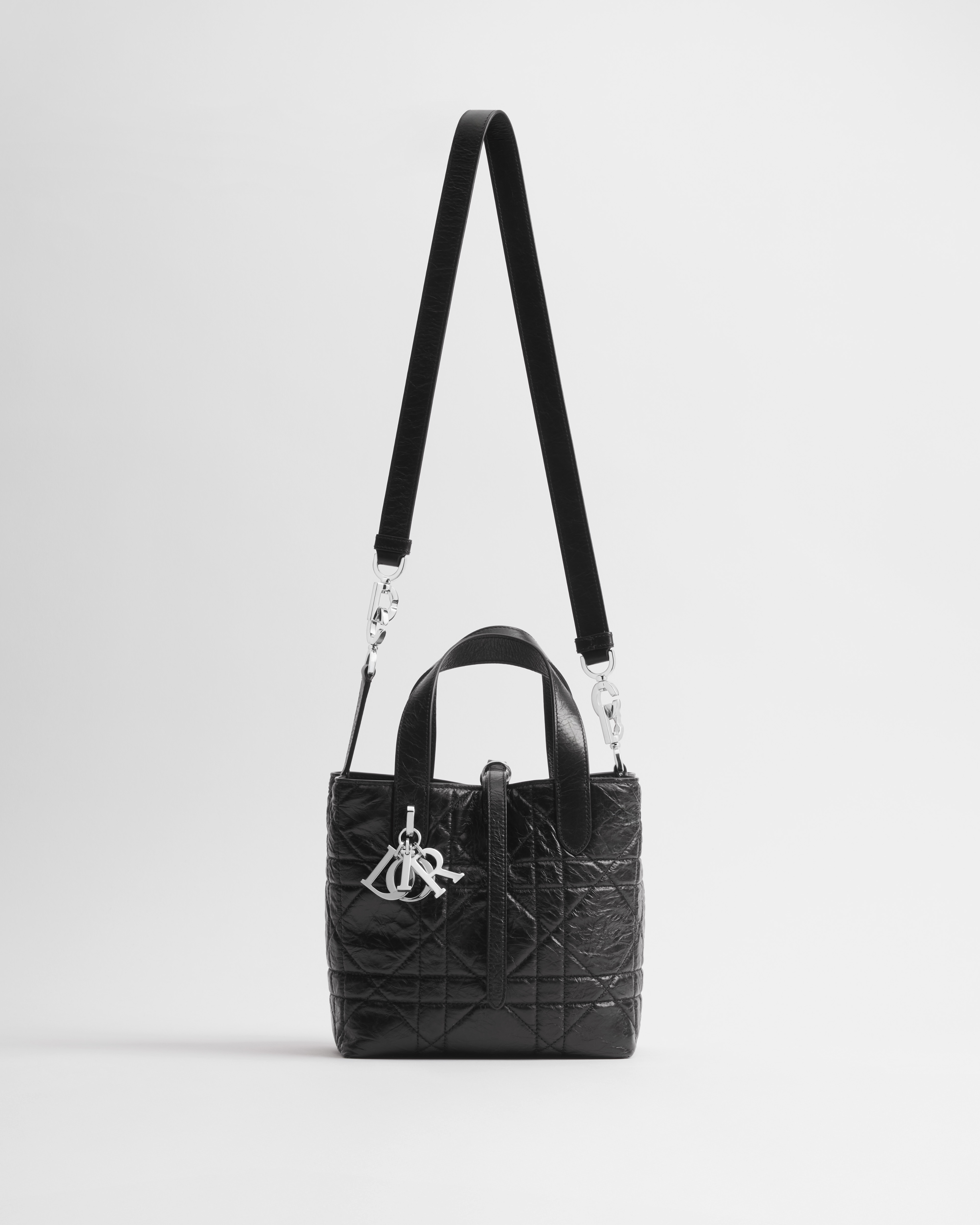 Small Dior Toujours Vertical Tote Bag Black Macrocannage Crinkled Calfskin E07