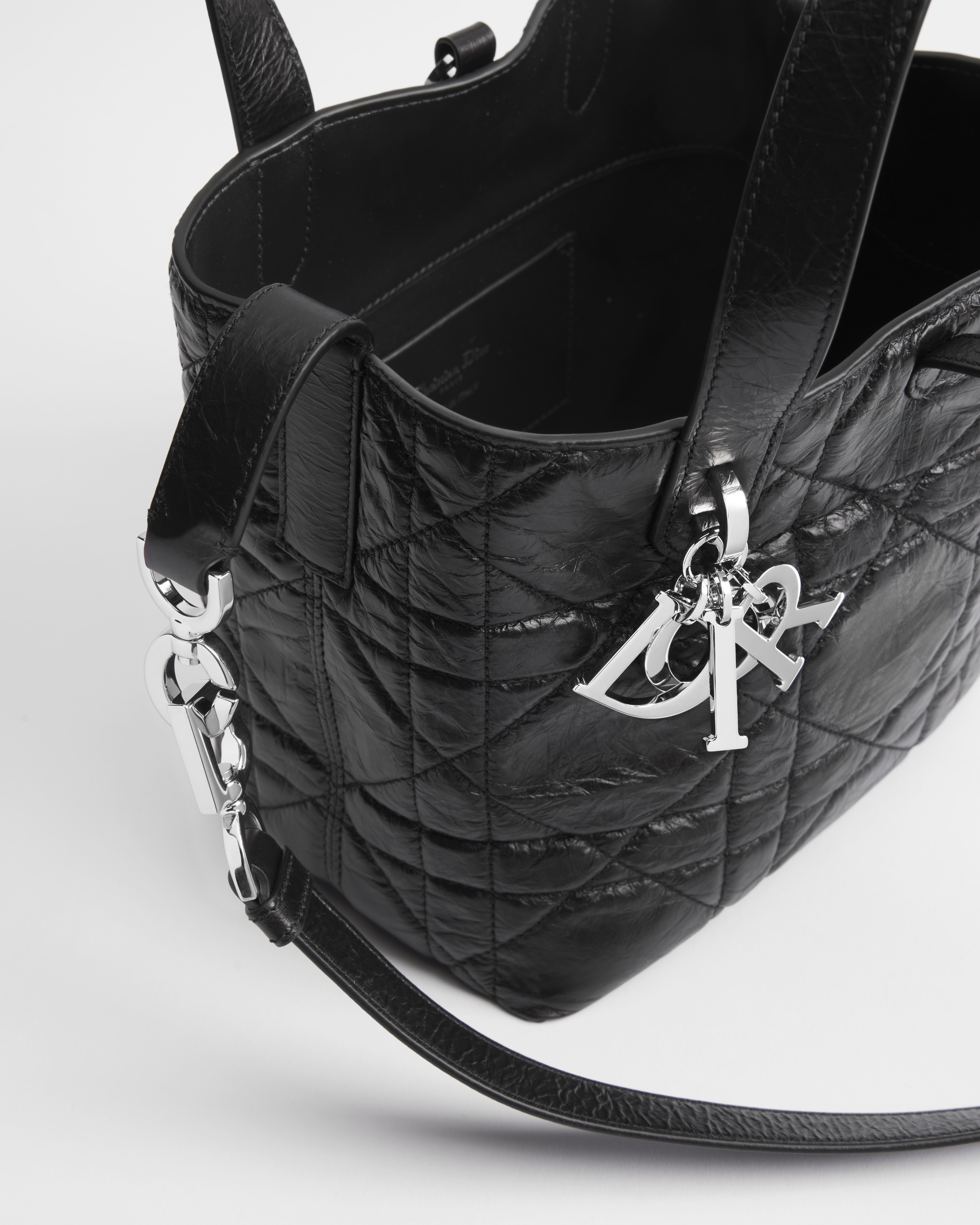 Small Dior Toujours Vertical Tote Bag Black Macrocannage Crinkled Calfskin E10