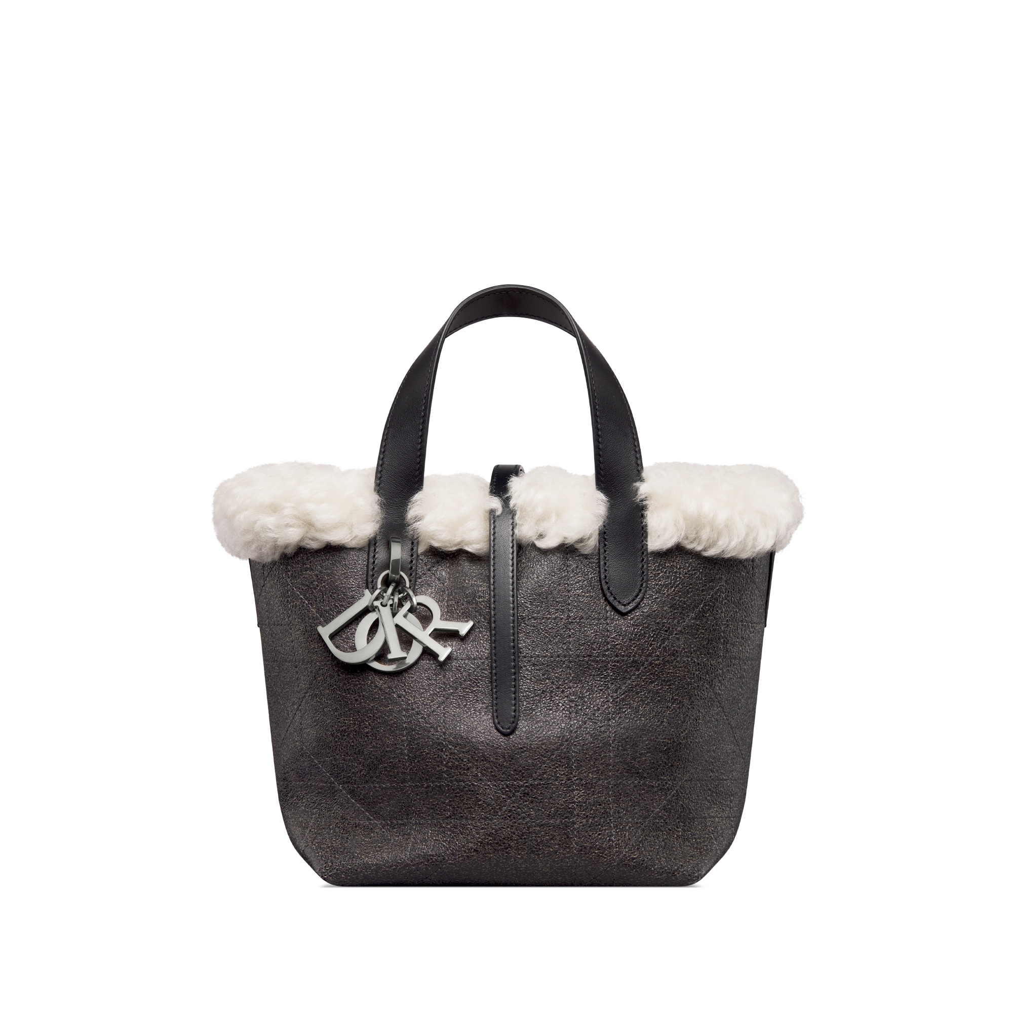DiorAlps Small Dior Toujours Vertical Tote Bag Anthracite Gray Macrocannage Lambskin with Aged Effect and Ecru Merino Wool E01