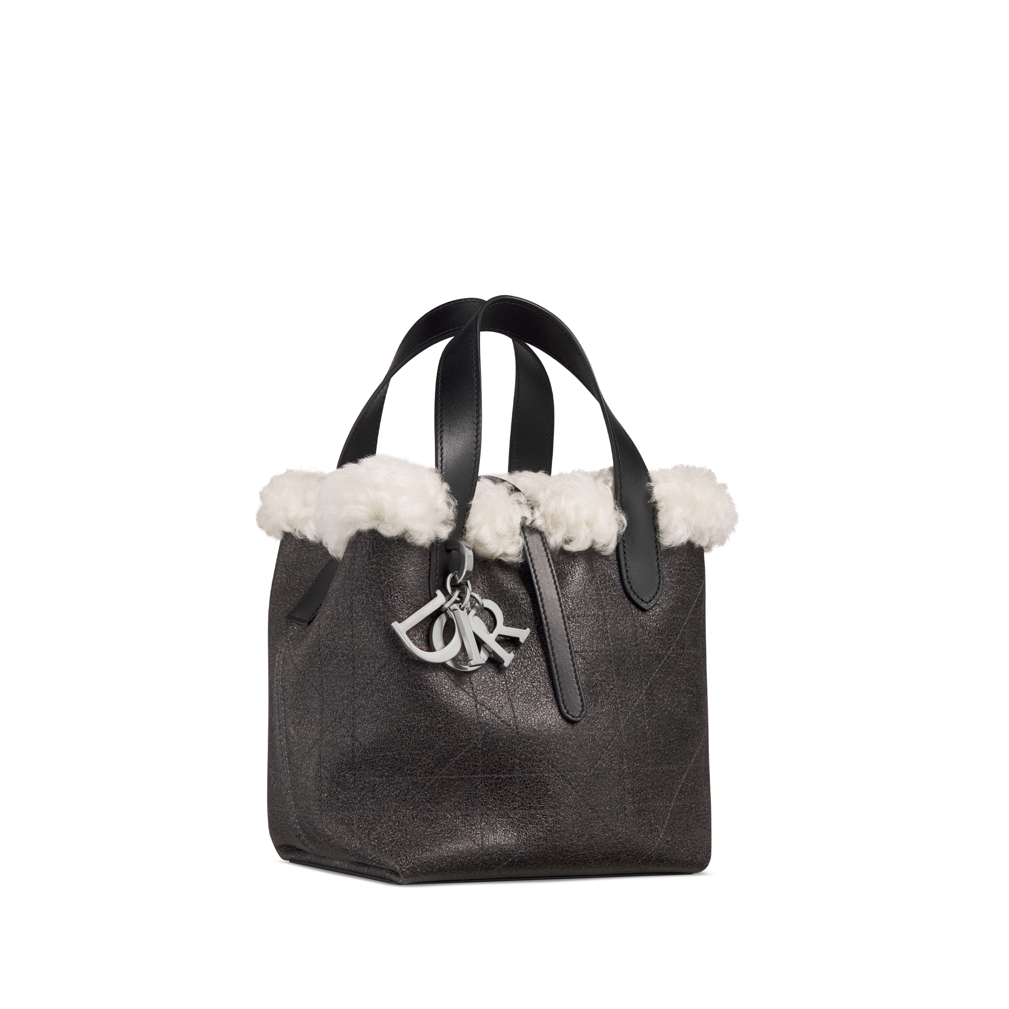 Kleine Dior Toujours verticale tote uit de DiorAlps-lijn Antracietgrijs lamsleer met Macrocannage-motief en verouderd effect en ecrukleurige merinowol E03