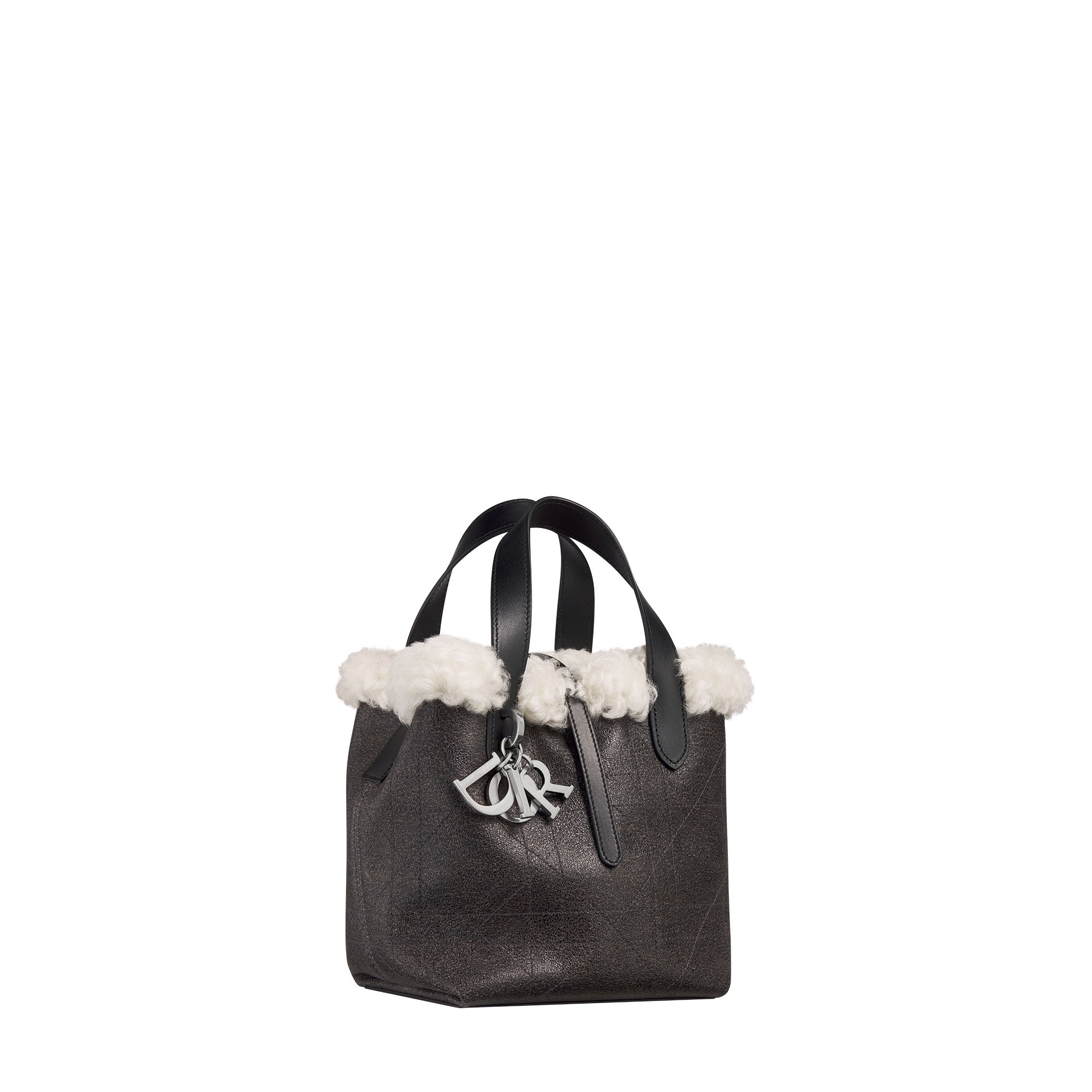DiorAlps Small Dior Toujours Vertical Tote Bag Anthracite Gray Macrocannage Lambskin with Aged Effect and Ecru Merino Wool E03