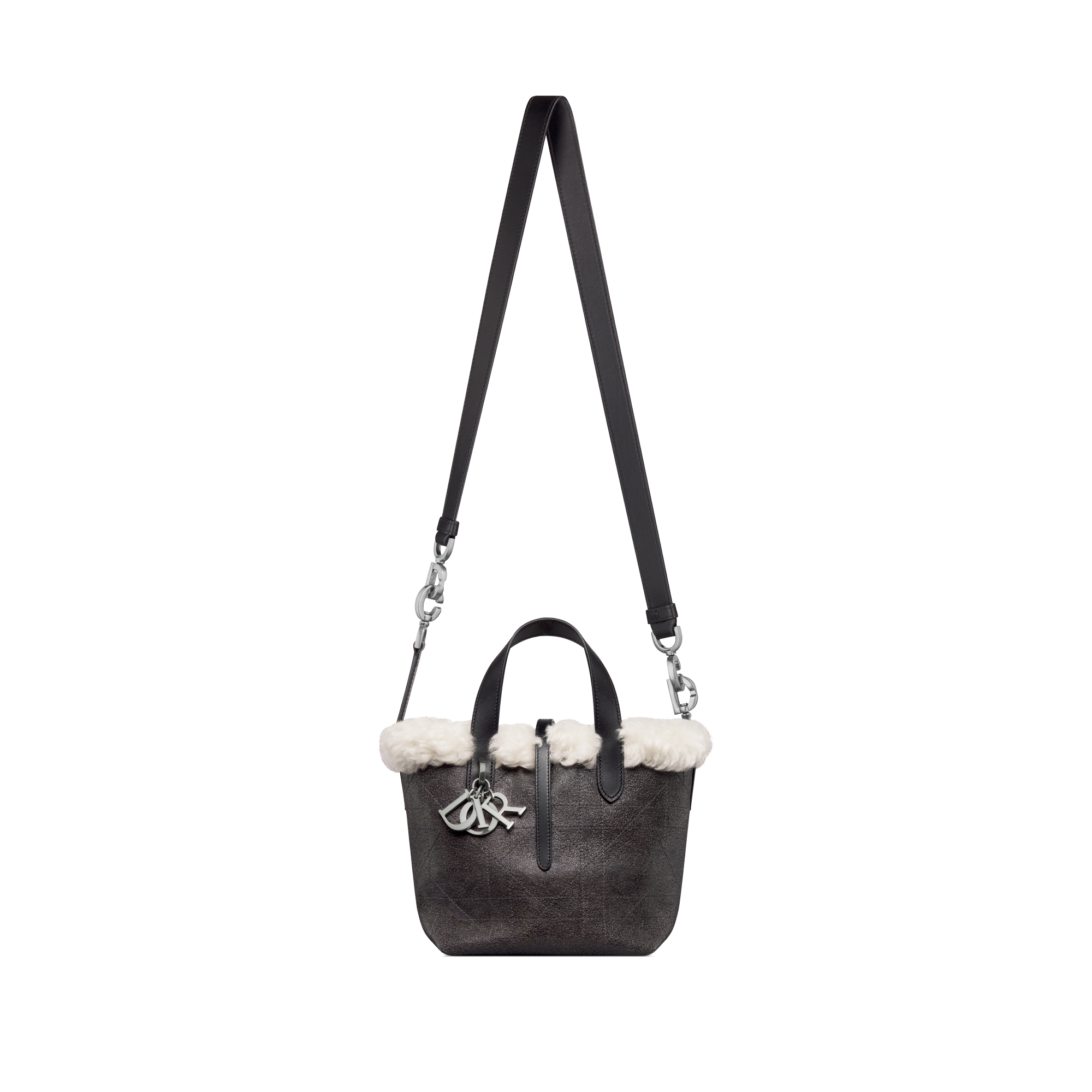 DiorAlps Small Dior Toujours Vertical Tote Bag Anthracite Gray Macrocannage Lambskin with Aged Effect and Ecru Merino Wool E07