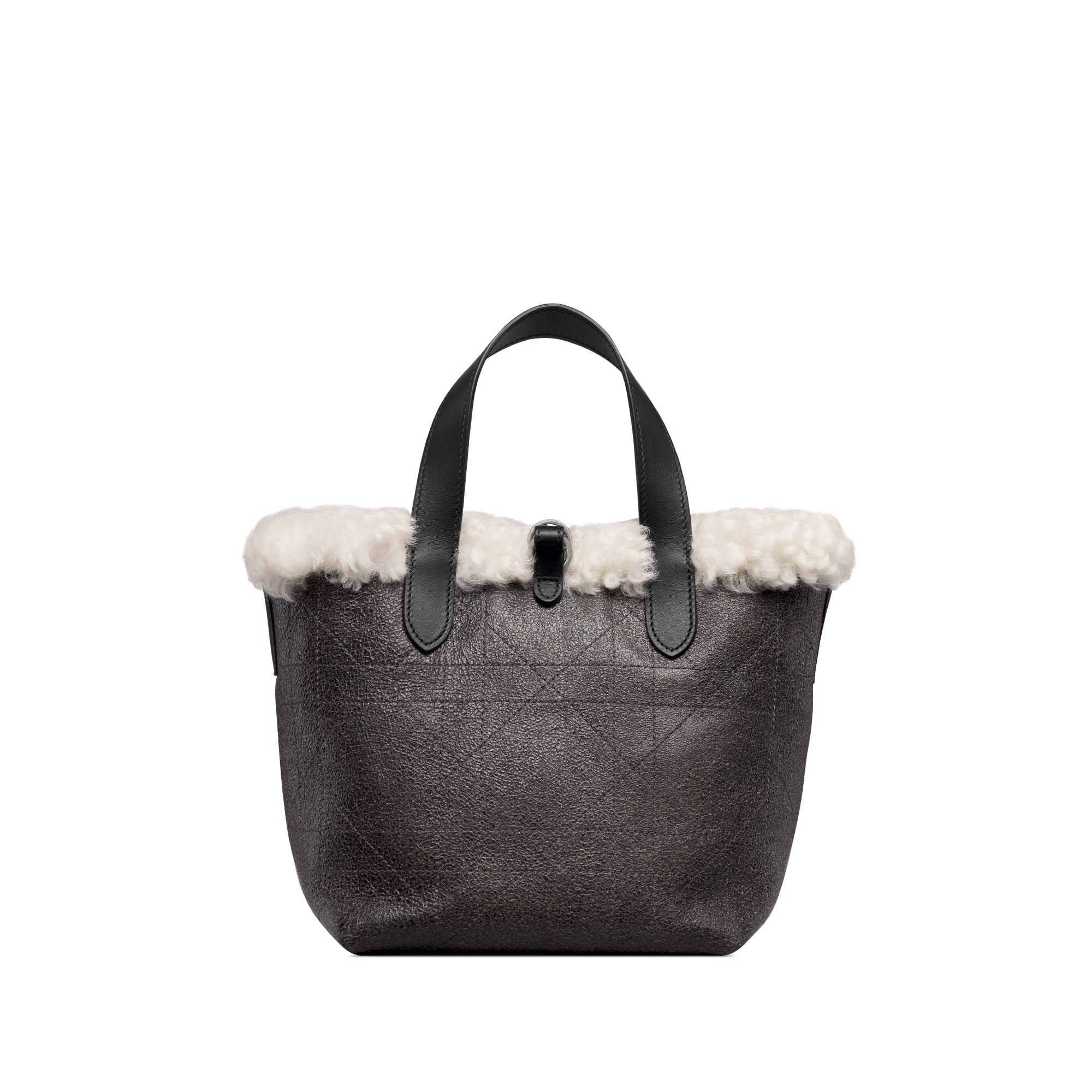 DiorAlps Small Dior Toujours Vertical Tote Bag Anthracite Gray Macrocannage Lambskin with Aged Effect and Ecru Merino Wool E08