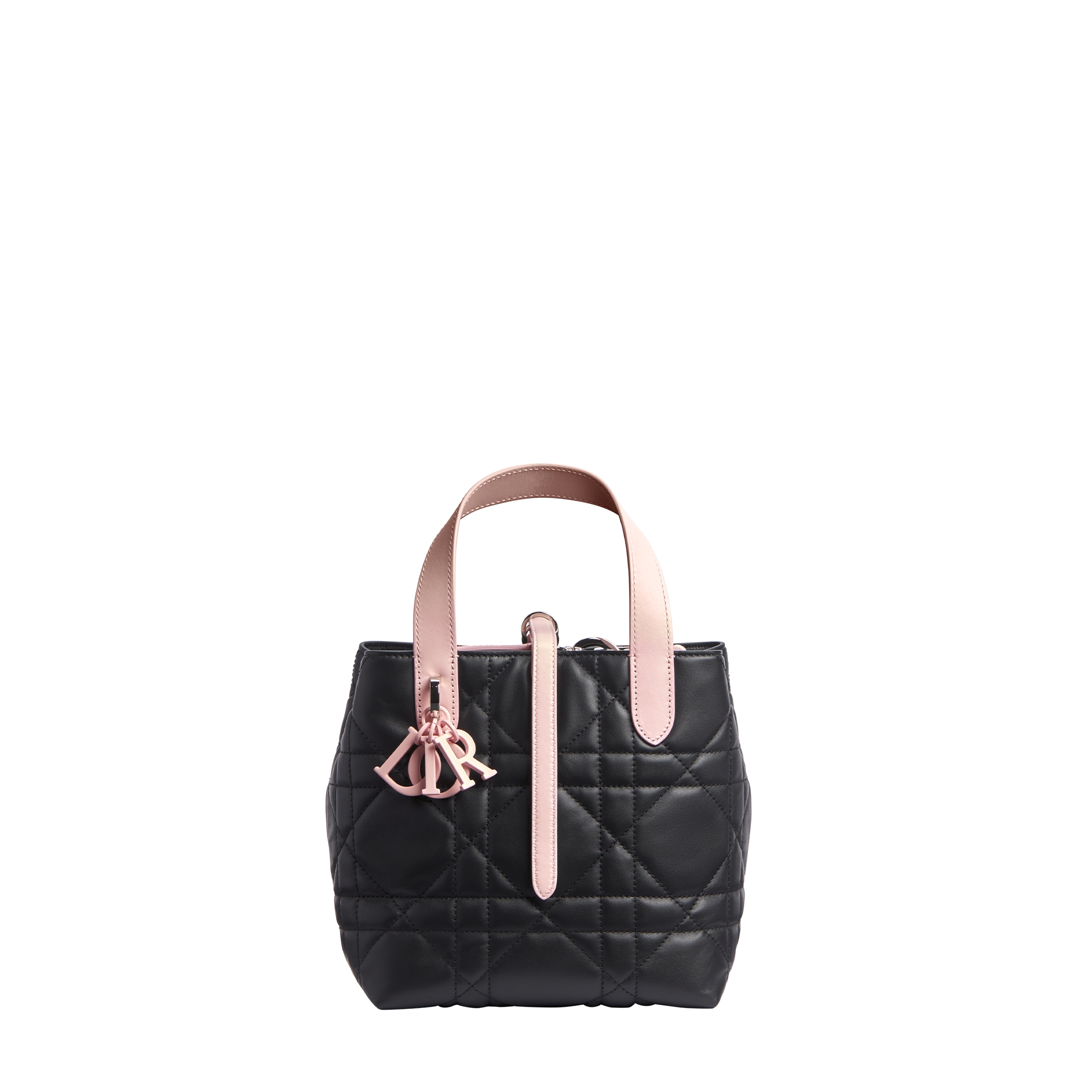Small Dior Toujours Vertical Tote Bag Rose Soupir and Black Macrocannage Calfskin E01