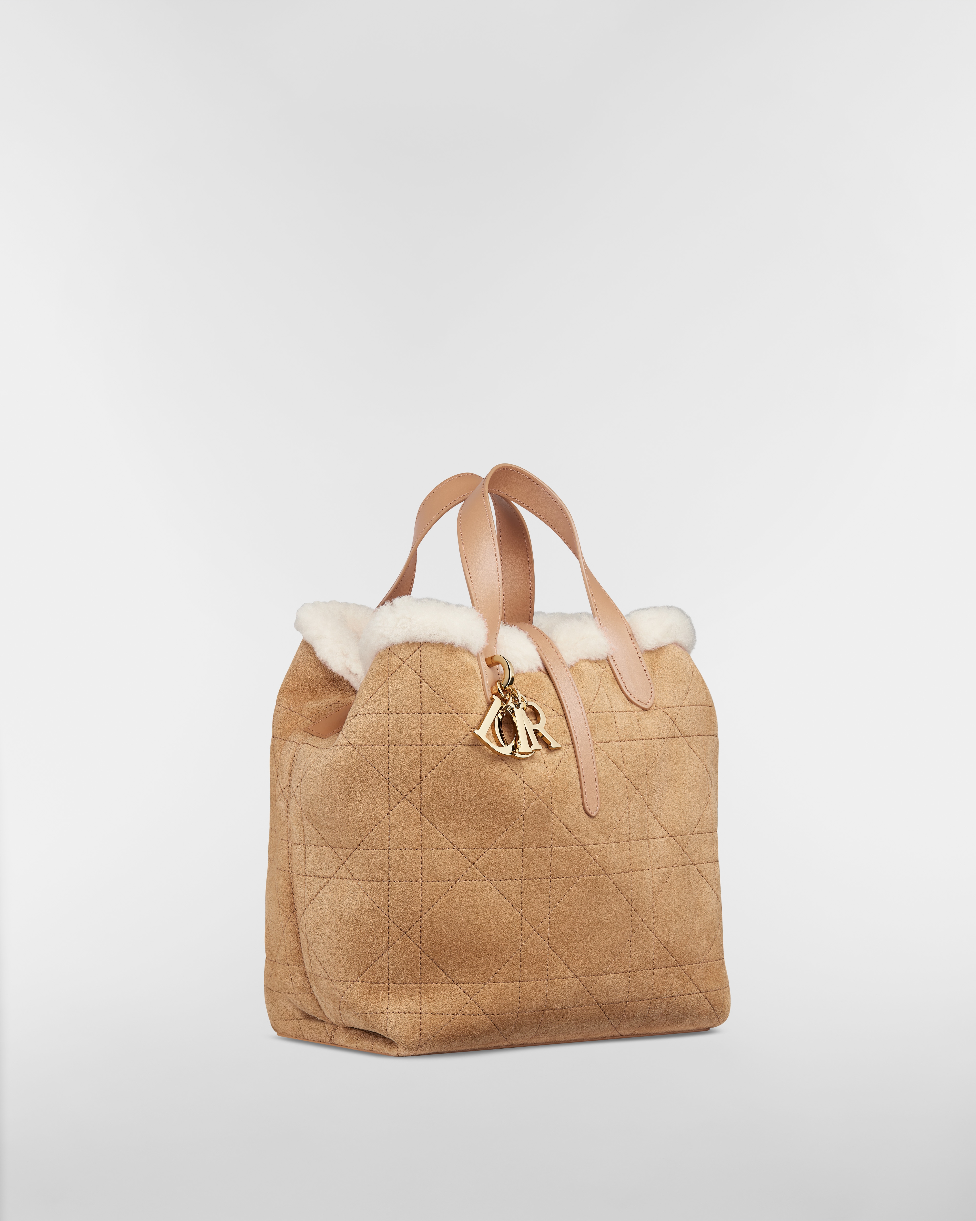 DiorAlps Medium Dior Toujours Vertical Tote Bag Beige Macrocannage Suede Calfskin and Ecru Merino Wool E03