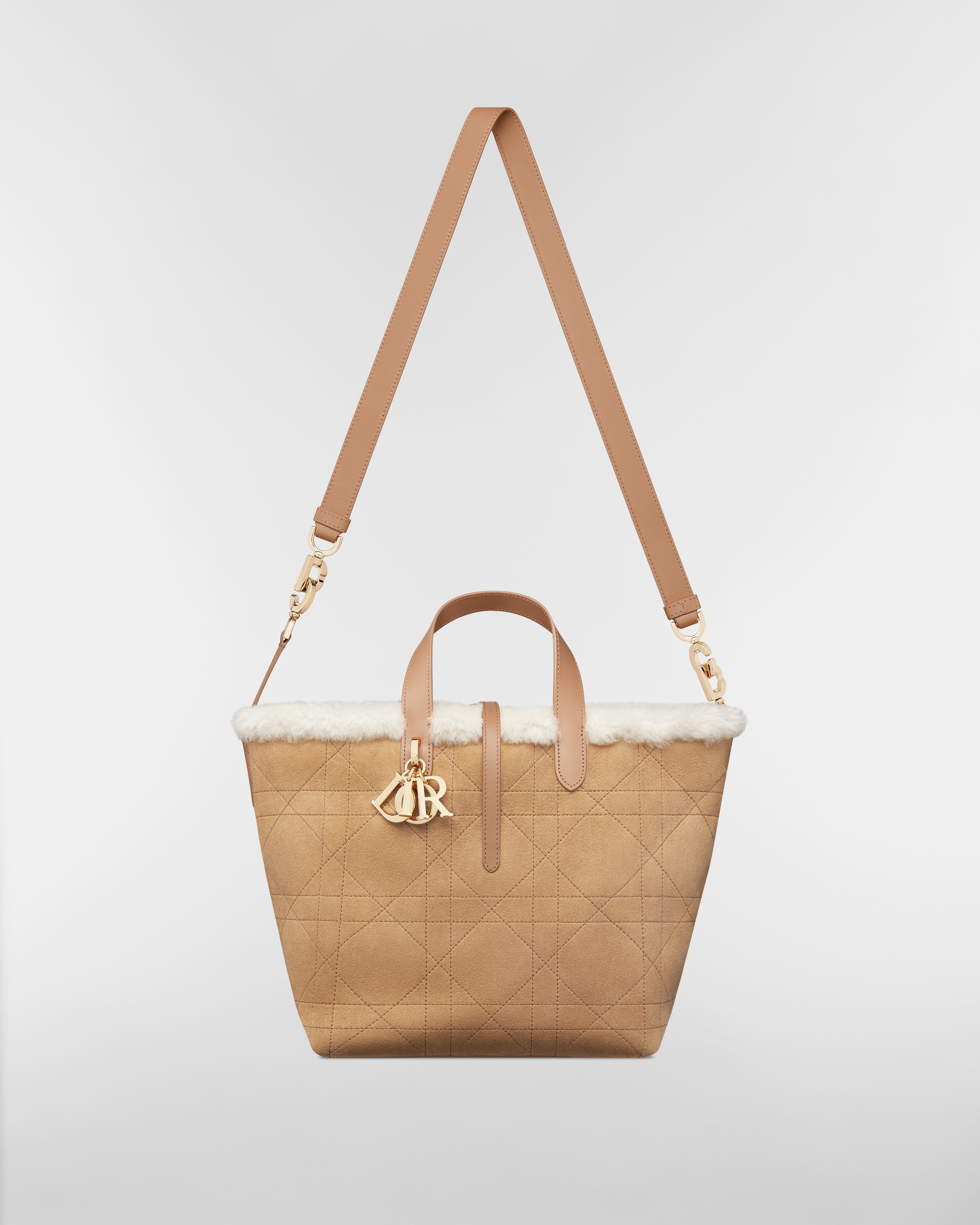 DiorAlps Medium Dior Toujours Vertical Tote Bag Beige Macrocannage Suede Calfskin and Ecru Merino Wool E07