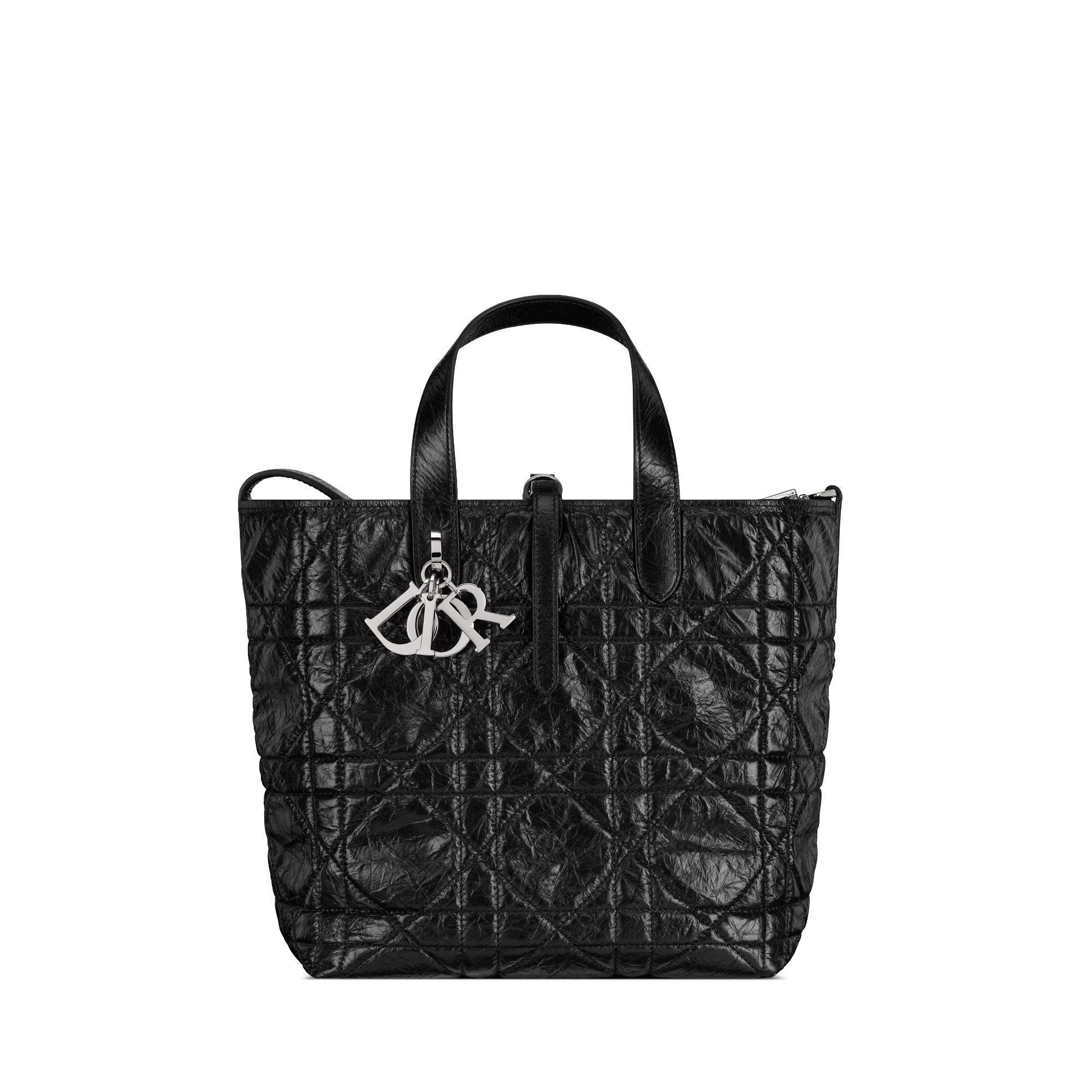 Mittelgroße Dior Toujours Tote Bag im Hochformat Macrocannage Kalbsleder in Knitteroptik in Schwarz E01
