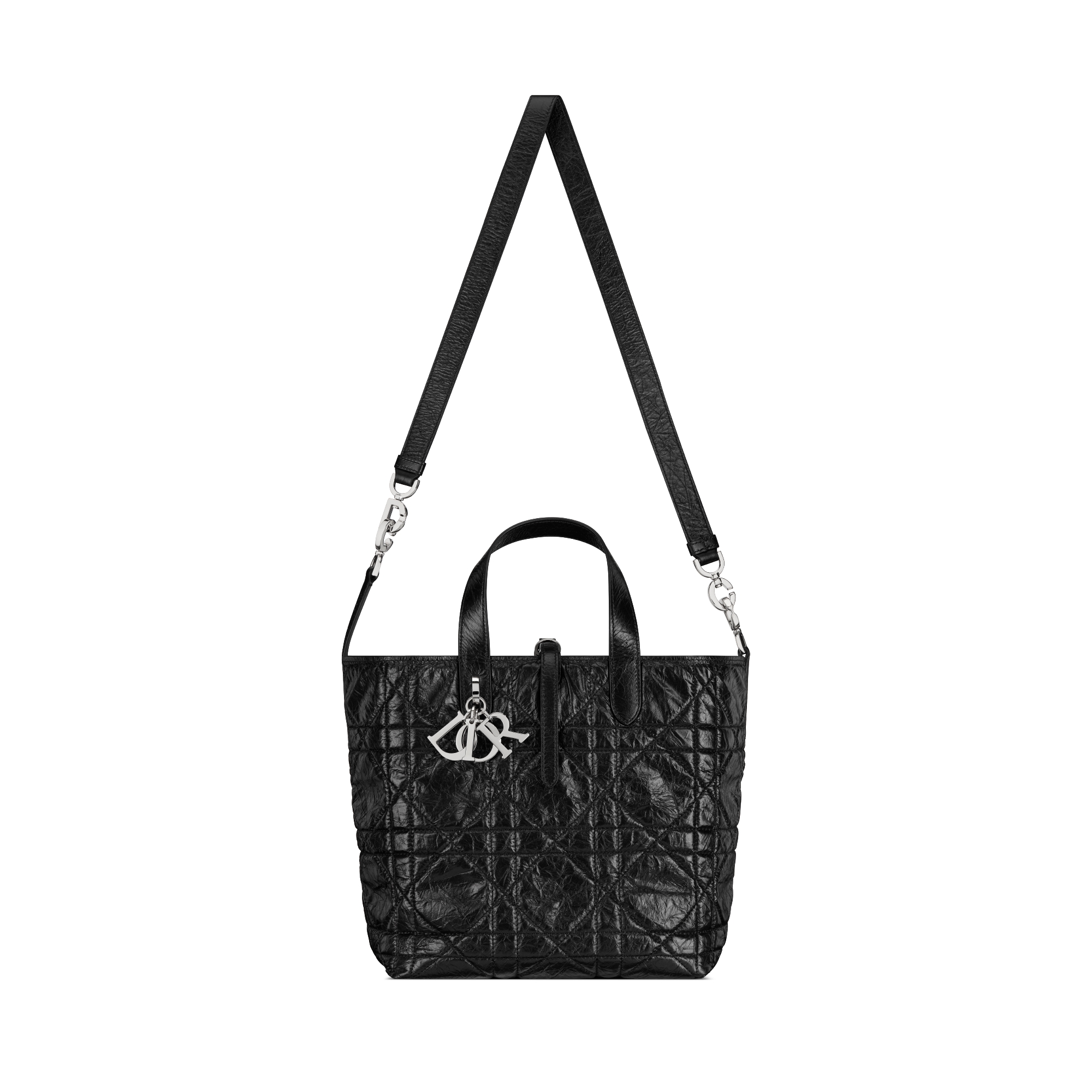 Mittelgroße Dior Toujours Tote Bag im Hochformat Macrocannage Kalbsleder in Knitteroptik in Schwarz E07