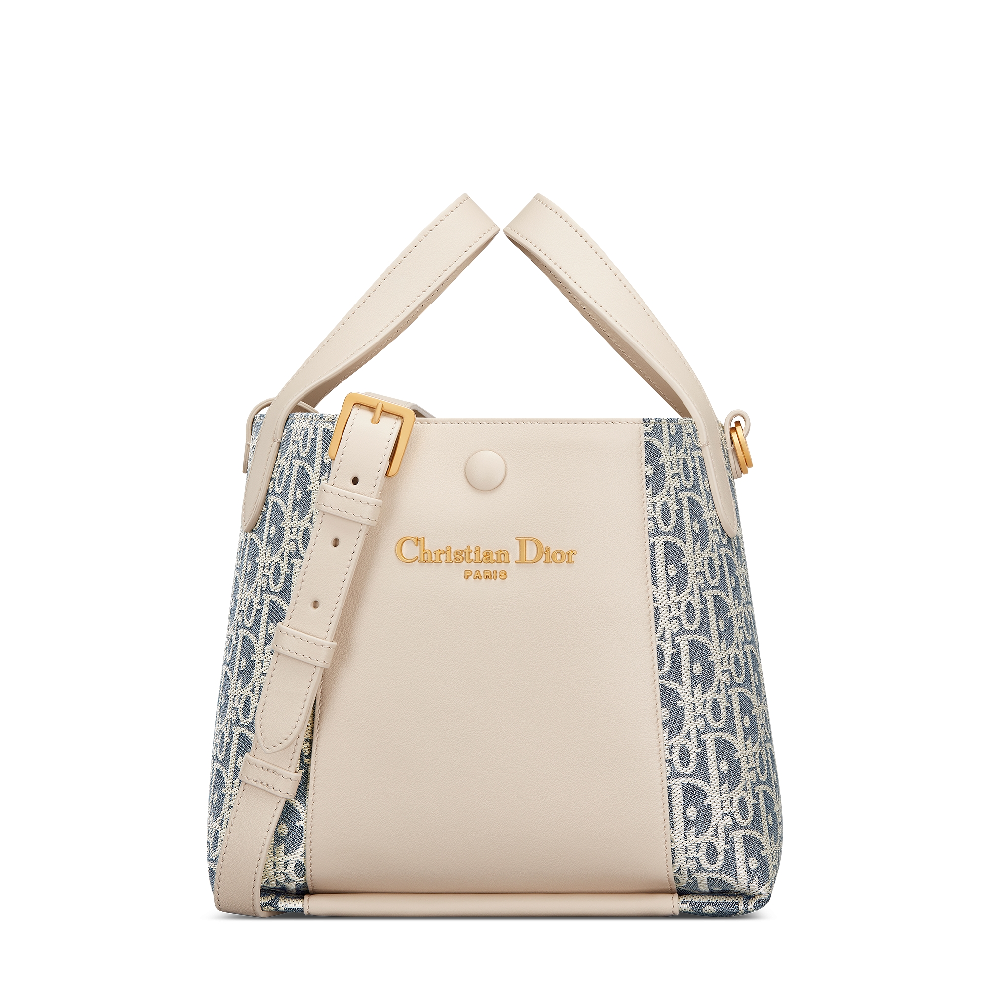 Sac seau Signature Small Tissu Chambray avec effet raphia Dior Oblique bleu et cuir de veau lisse couleur biscuit clair E01
