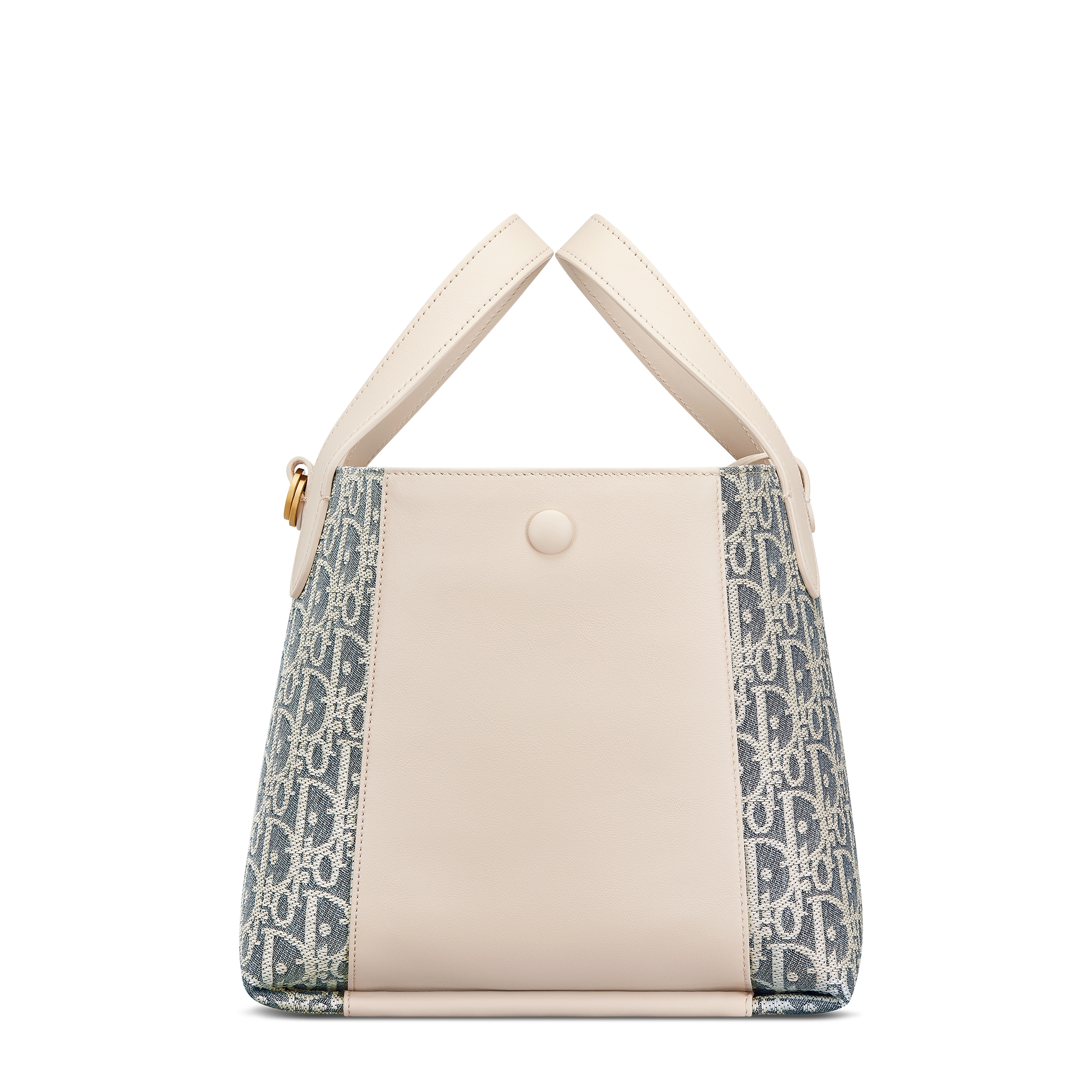 Sac seau Signature Small Tissu Chambray avec effet raphia Dior Oblique bleu et cuir de veau lisse couleur biscuit clair E08