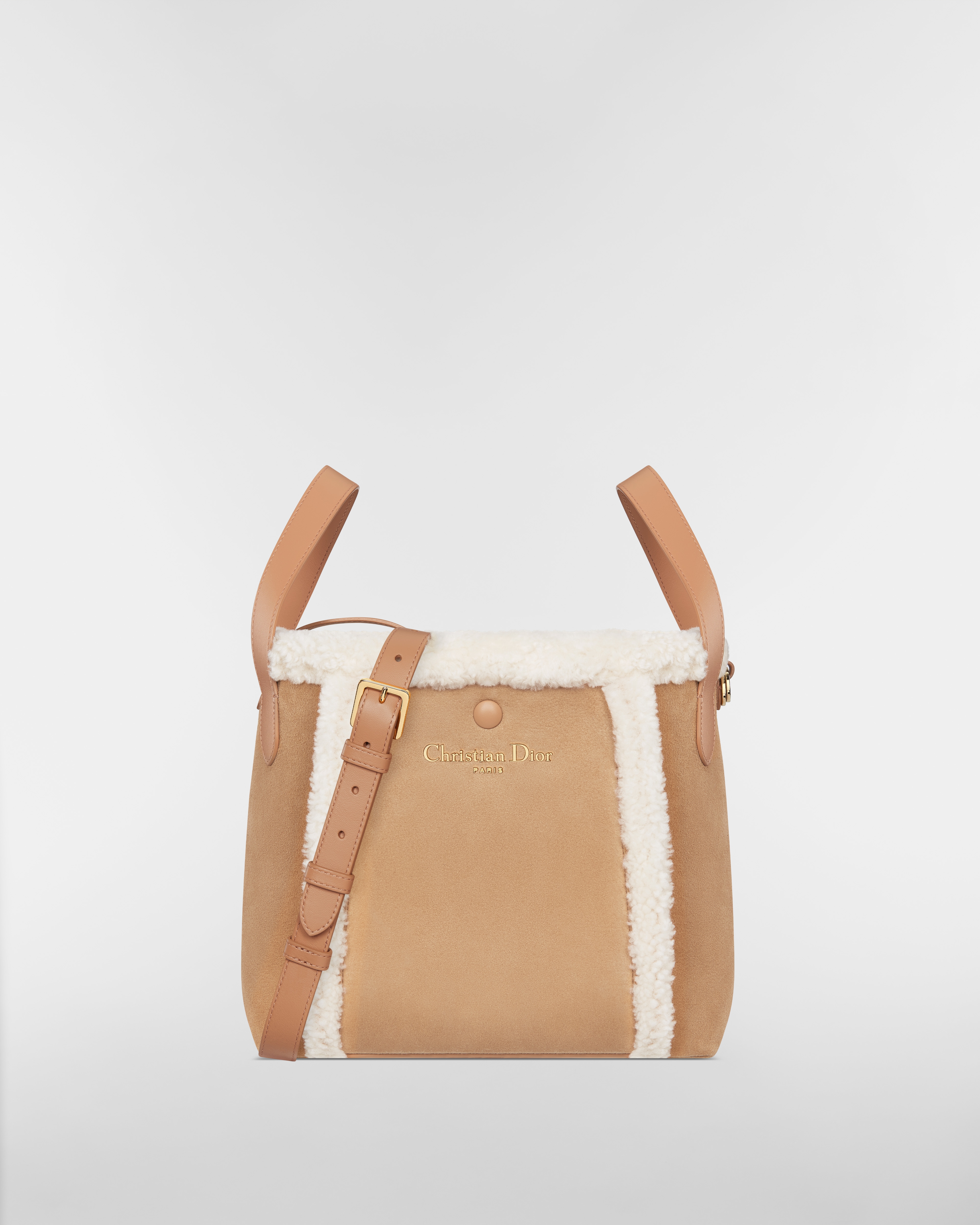 DiorAlps Medium Signature Bucket Bag Beige Macrocannage Suede Calfskin and Ecru Merino Wool E01