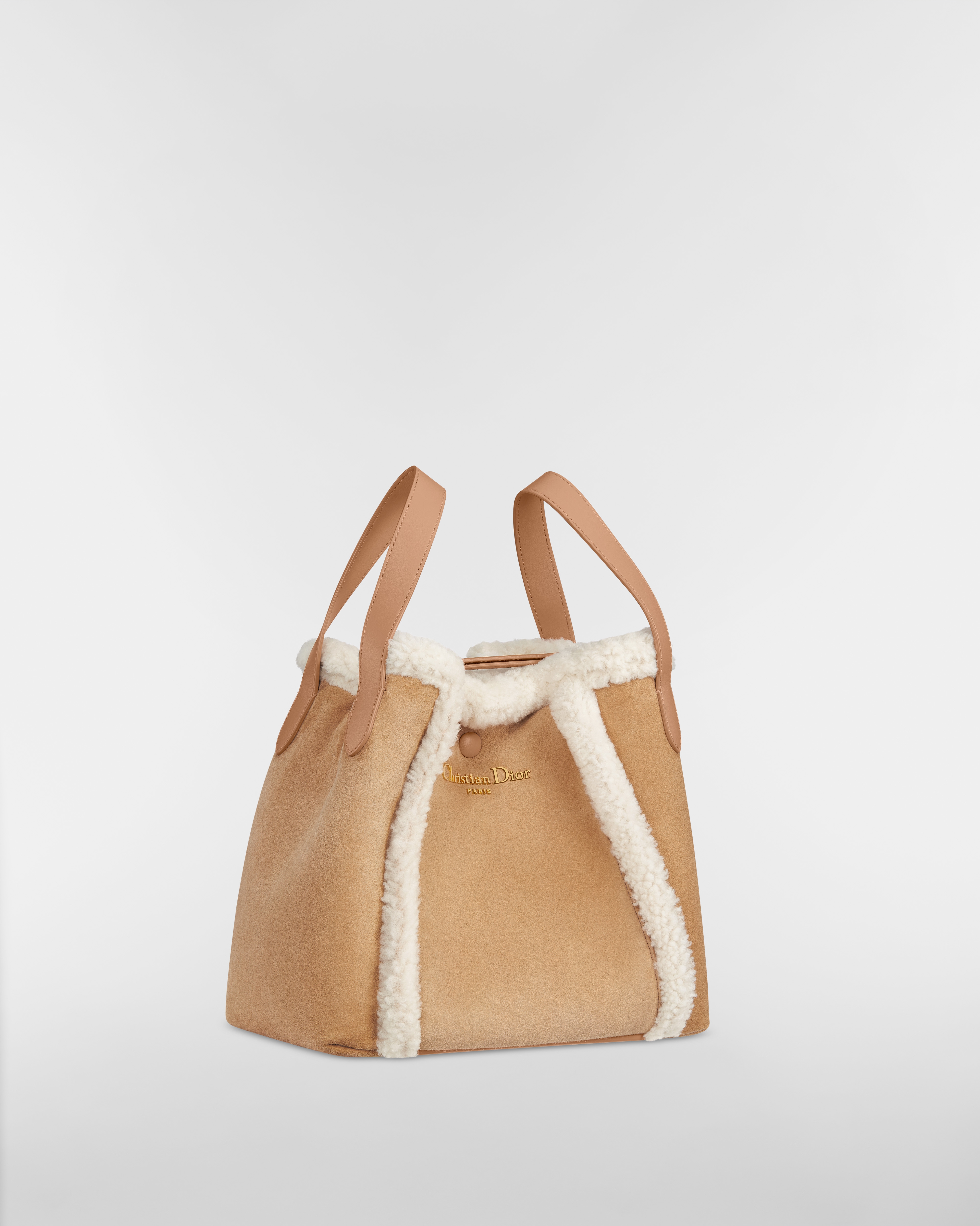 DiorAlps Medium Signature Bucket Bag Beige Macrocannage Suede Calfskin and Ecru Merino Wool E03