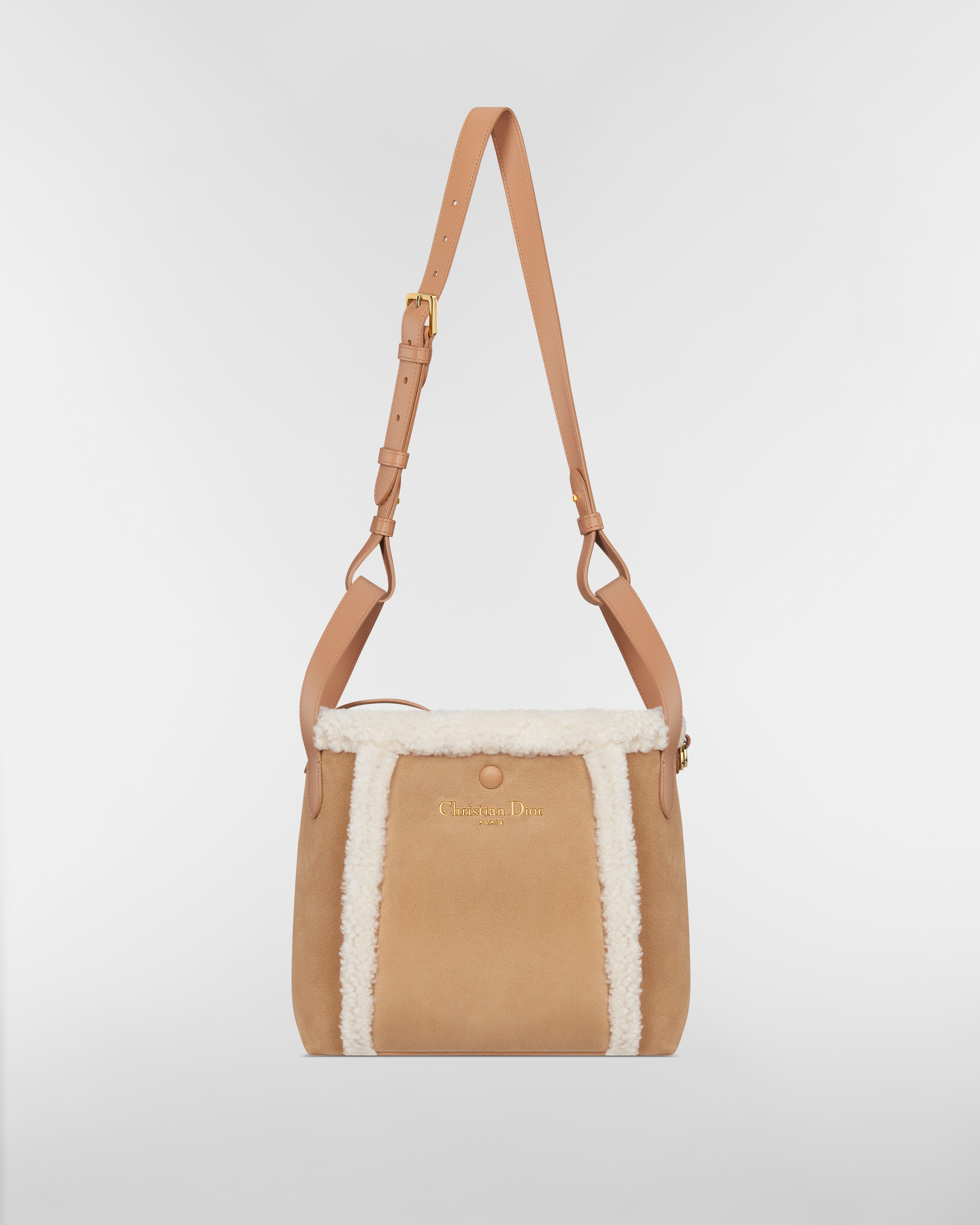 DiorAlps Medium Signature Bucket Bag Beige Macrocannage Suede Calfskin and Ecru Merino Wool E07