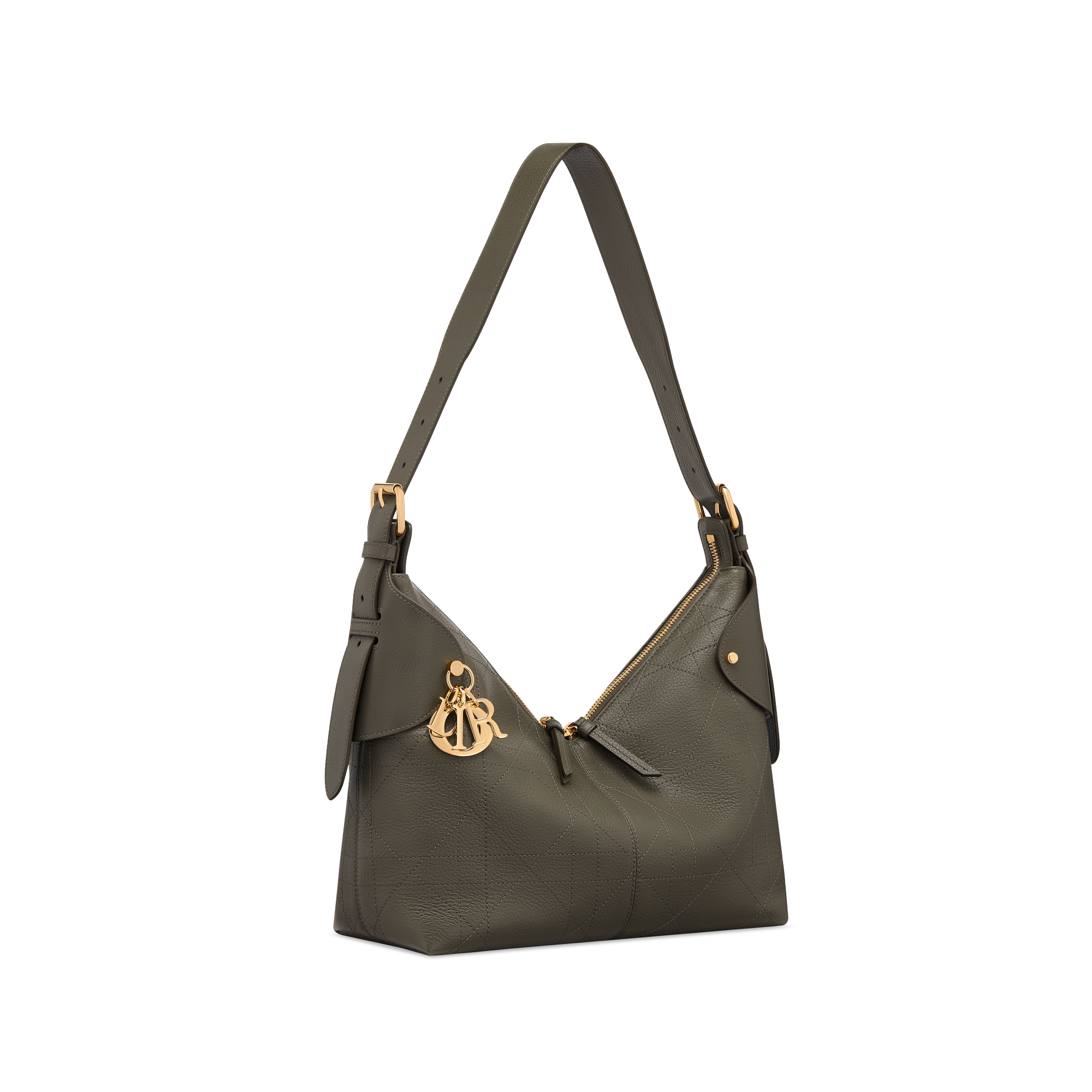 Mittelgroße Dior Voyage Tasche Genarbtes Flat Macrocannage Kalbsleder in Olivtaupe E03