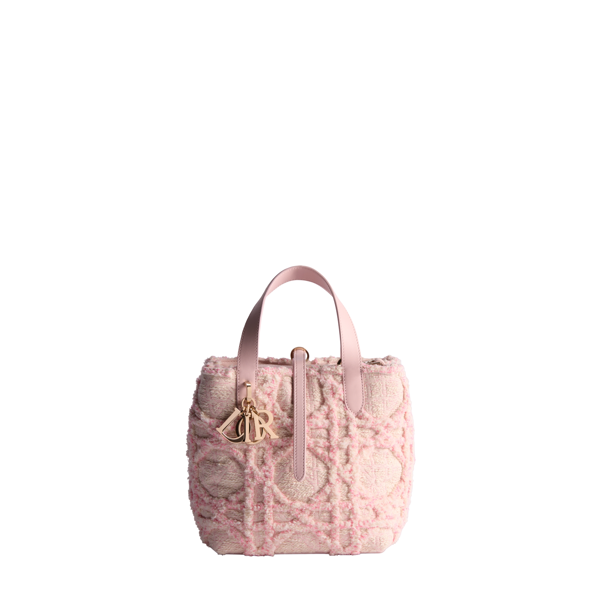 Small Dior Toujours Vertical Tote Bag Pale Pink and Latte Fluffy Cannage Fabric E01